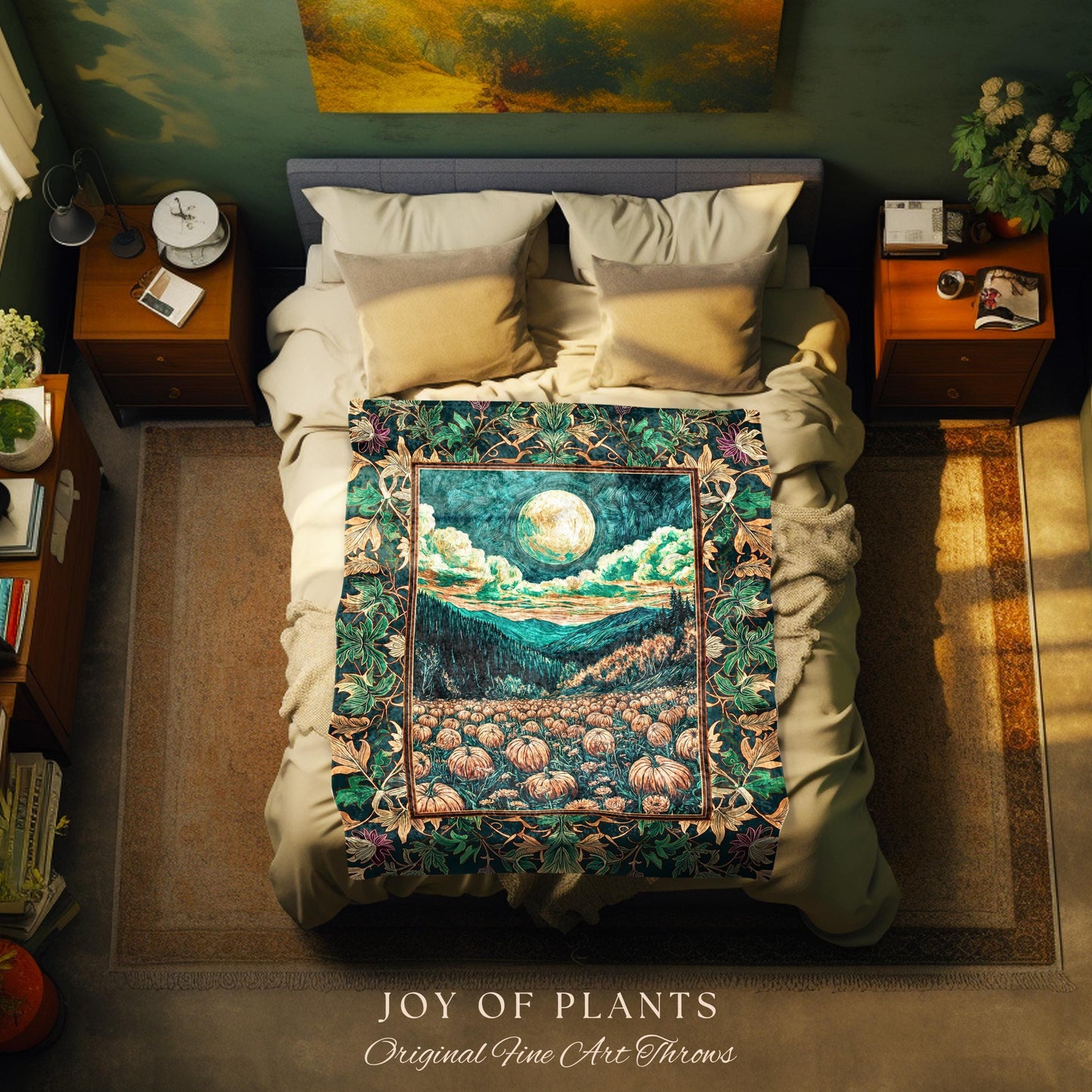 Elegant Harvest Moon Cozy Throw Blanket | Spooky Season Aesthetic Gothic Decor Whimsigoth Pumpkin Rustic Autumn Tapestry Witchy Landscape |