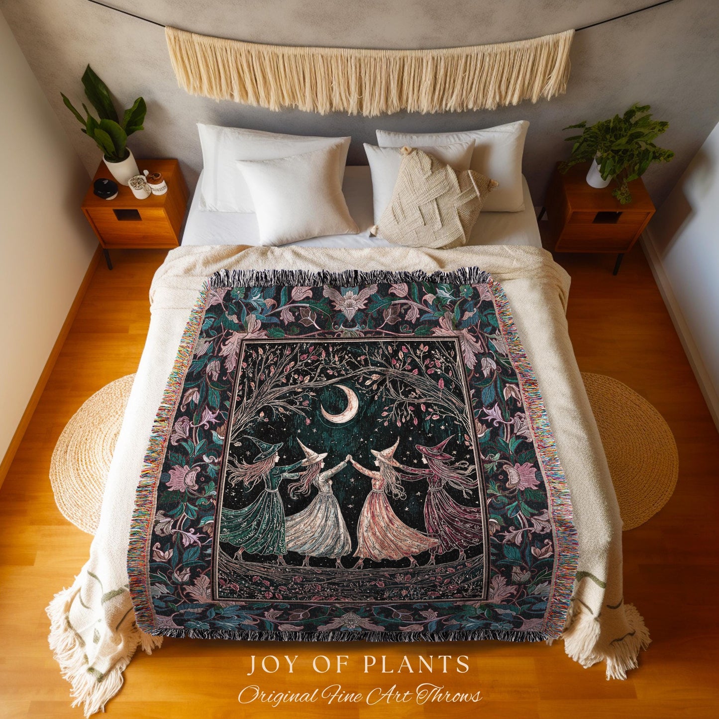 Mystic Midnight Witchcraft Throw Blanket | Whimsical Witch Circle Home Decor Storybook Aesthetic Woven Tapestry Witchy Academia Cozy Vibe |