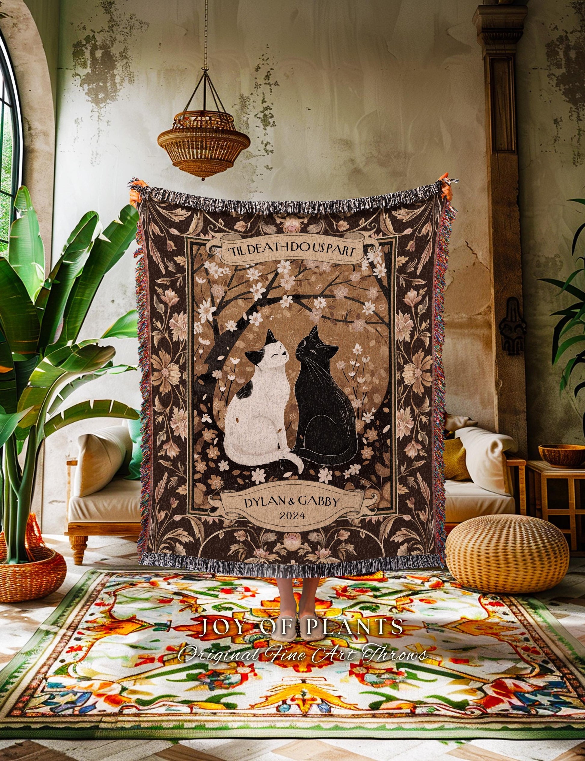 Romantic Cat Couple Custom Woven Blanket | Ethereal Woodland Aesthetic Woven Throw Custom Dark Academia Gift for Girlfriend Enchanted Forest