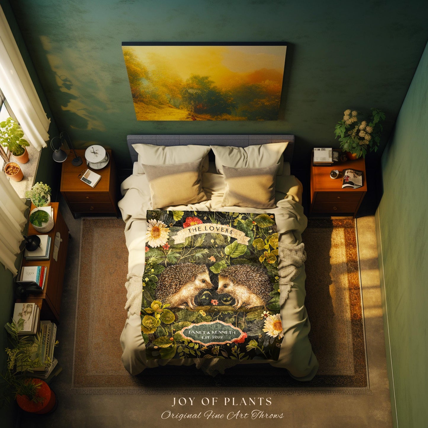 Rustic Floral Hedgehog Couple Blanket | Botanical Woodland Aesthetic Custom Anniversary Year Tapestry Woven Personalized Name Hedge Hog Gift