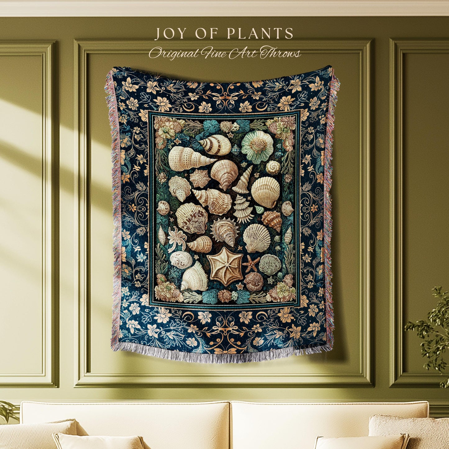 Boho Seashells Rustic Woven Throw Blanket | Coastal Inspired Beach House Bedding Summer Decorating Shell Wall Art Tapestry Nautical Artwork