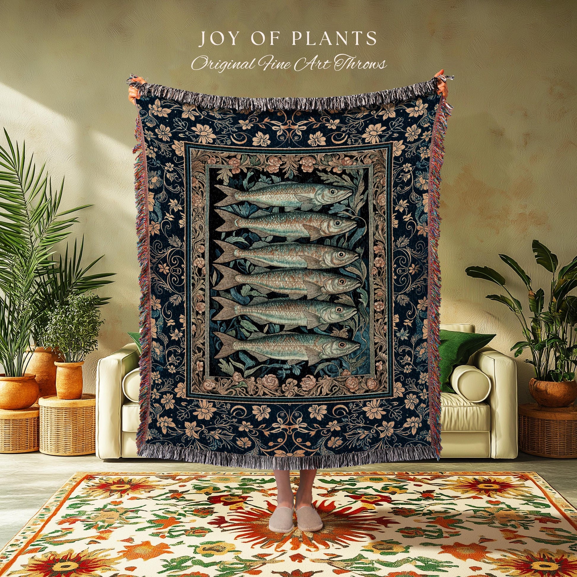 Rustic Nautical Sardine Blanket | Costal Aesthetic Woven Tapestry for Beach House Sea Lover Home Accent Ocean Inspired Marine Decor Throw