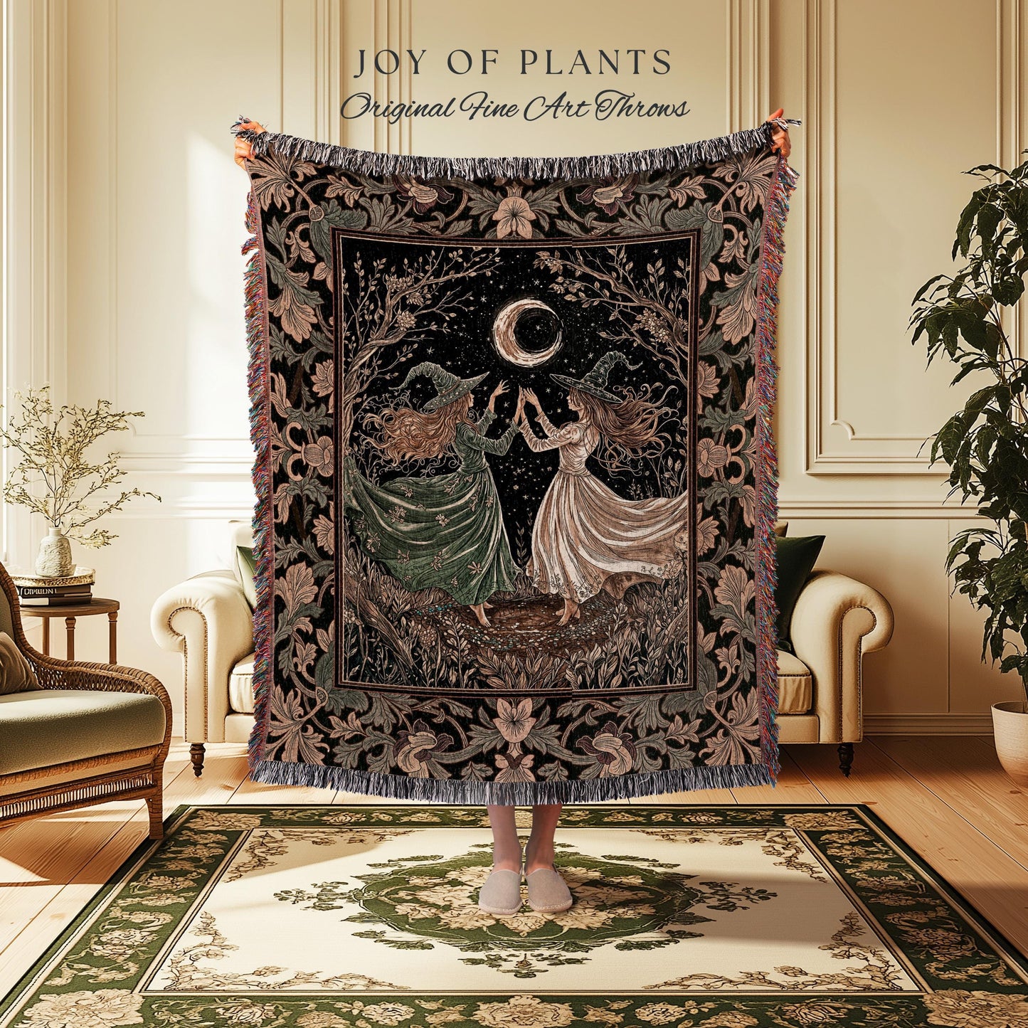 Witch Sisters Under Autumn Moon Blanket | Whimsigoth Mystic Cottagecore Throw Witchcraft Decor Dark Academia Wall Tapestry Celestial Magic