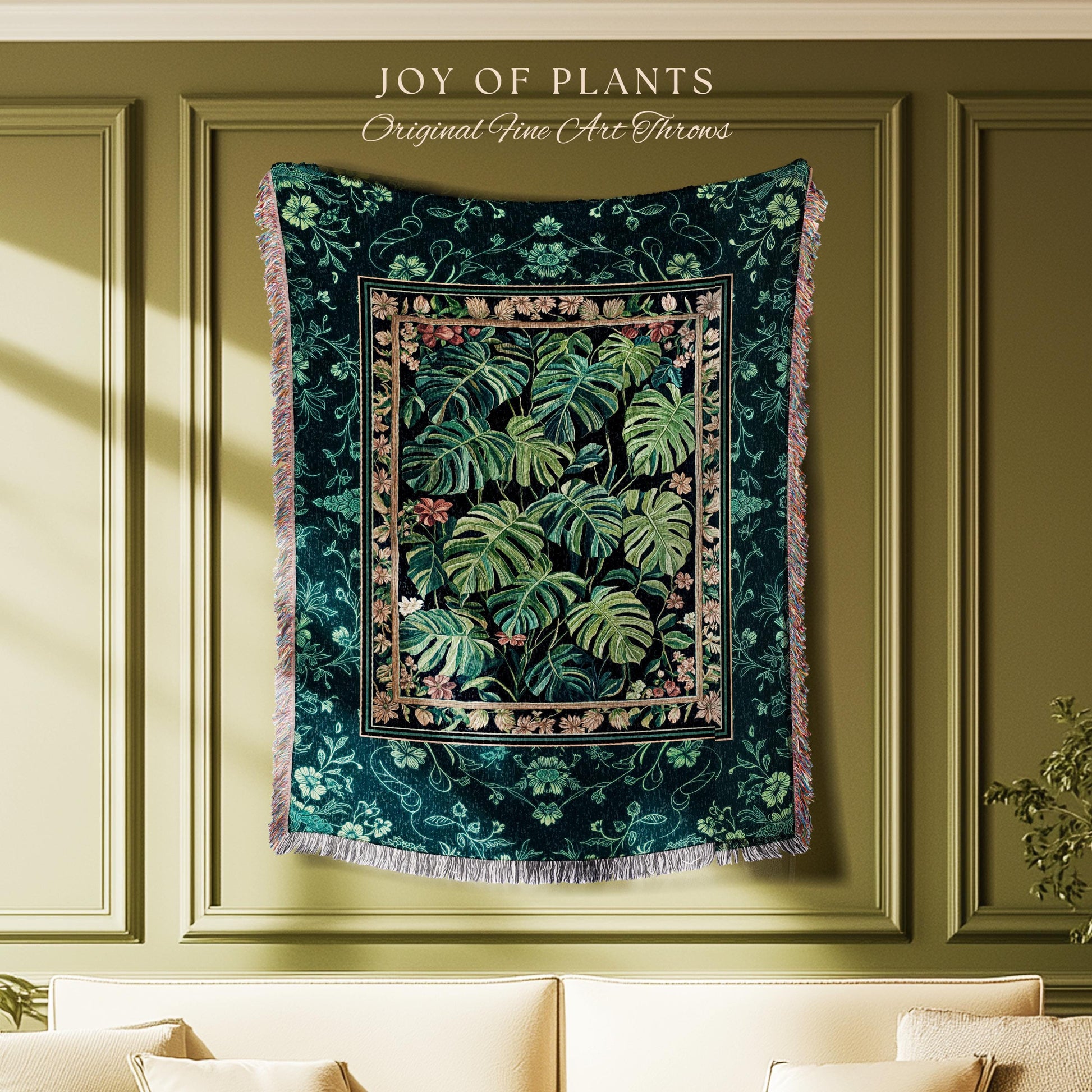 Dark Woodland Maximalist Monstera Tapestry | Tropigoth Botanical Bedroom Houseplant Lover Bedding Forestcore Costal Aesthetic Woven Blanket