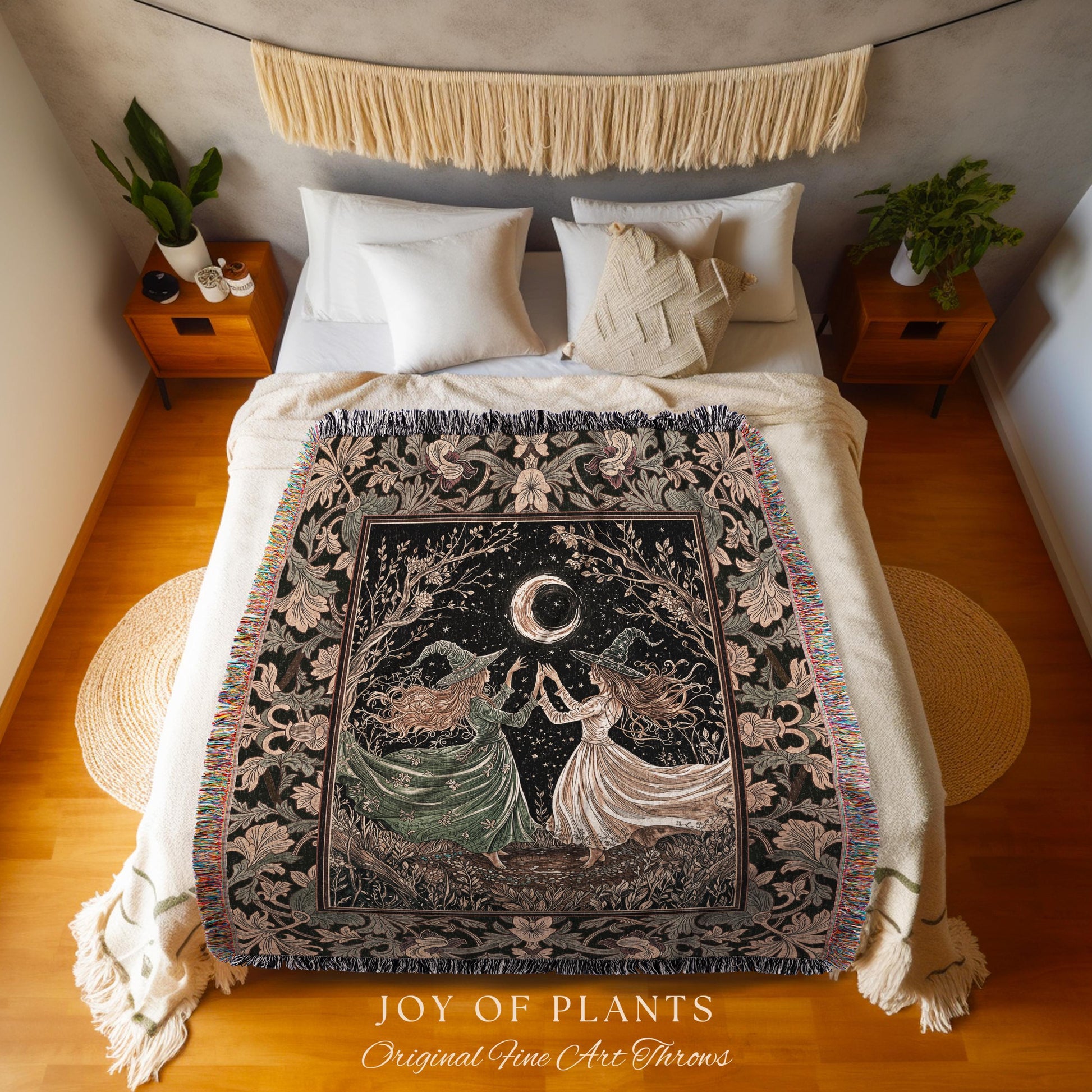 Witch Sisters Under Autumn Moon Blanket | Whimsigoth Mystic Cottagecore Throw Witchcraft Decor Dark Academia Wall Tapestry Celestial Magic