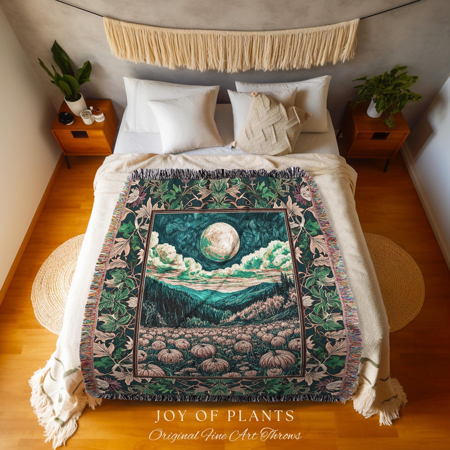 Elegant Harvest Moon Cozy Throw Blanket | Spooky Season Aesthetic Gothic Decor Whimsigoth Pumpkin Rustic Autumn Tapestry Witchy Landscape |