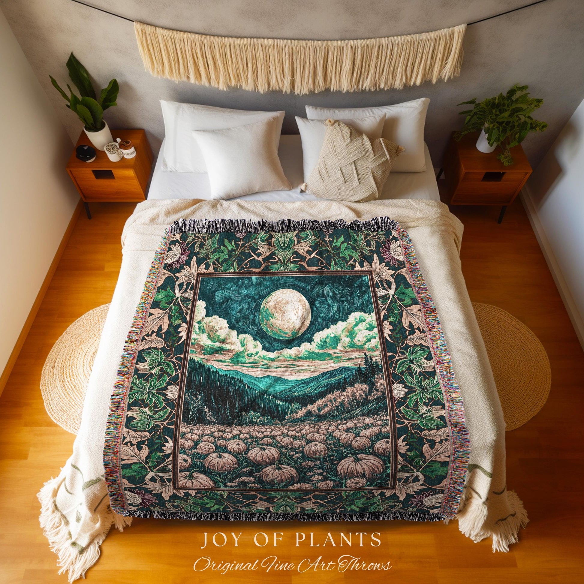 Elegant Harvest Moon Cozy Throw Blanket | Spooky Season Aesthetic Gothic Decor Whimsigoth Pumpkin Rustic Autumn Tapestry Witchy Landscape |