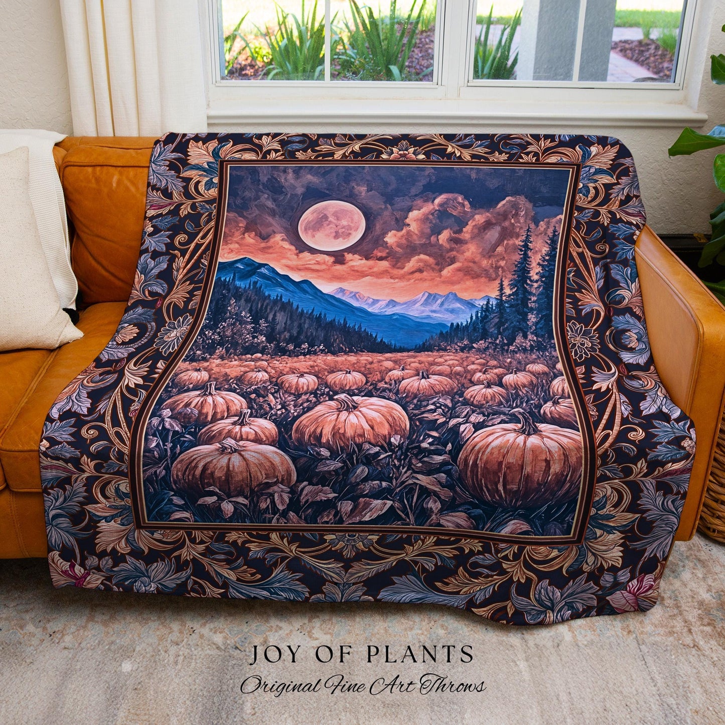 Pastel Dusk Moon Woven Tapestry | Autumn Aesthetic Gothiccore Throw Blanket Whimsigoth Pumpkin Patch Decor Fall Accent Rustic Halloween |