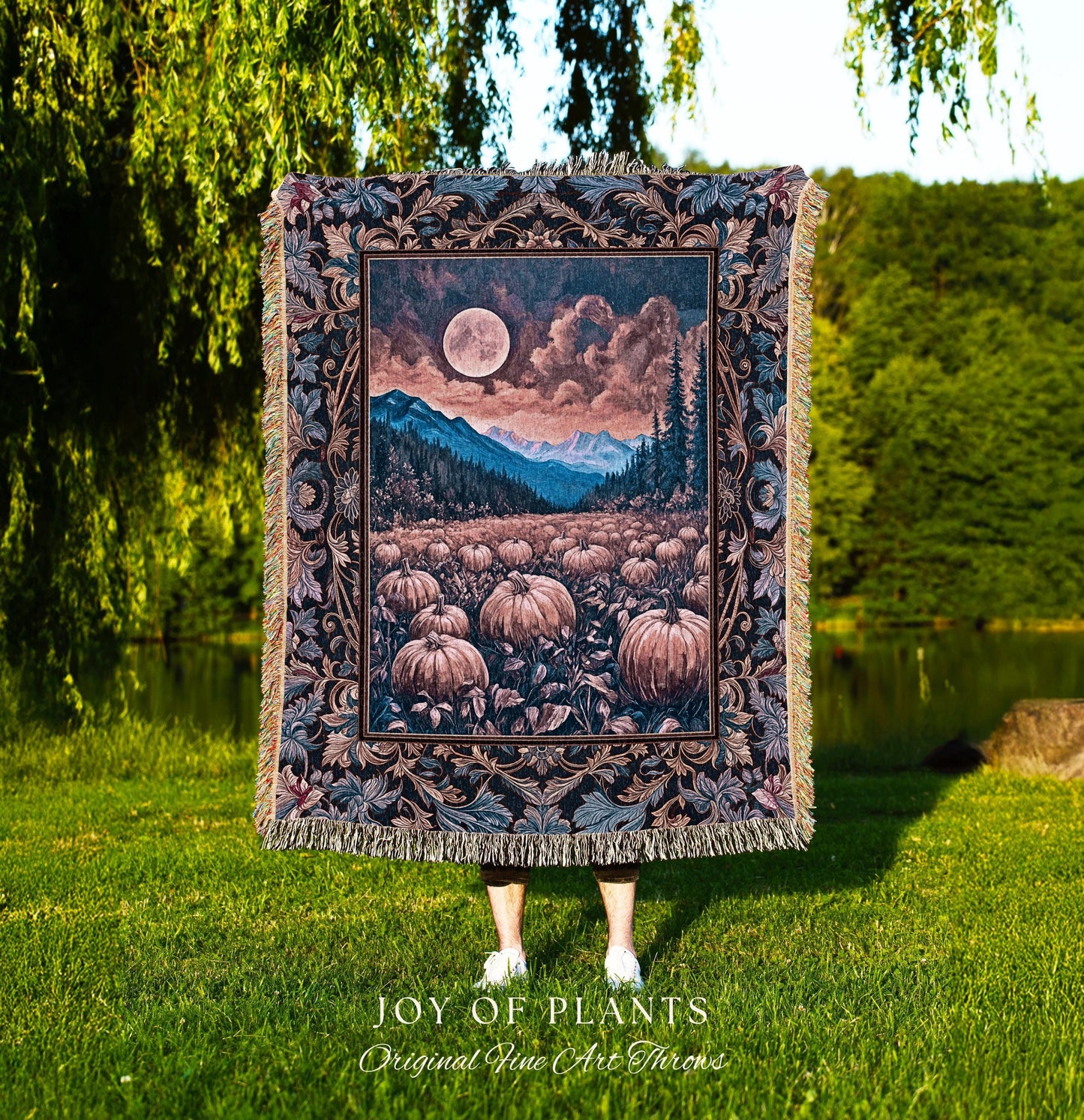 Pastel Dusk Moon Woven Tapestry | Autumn Aesthetic Gothiccore Throw Blanket Whimsigoth Pumpkin Patch Decor Fall Accent Rustic Halloween |