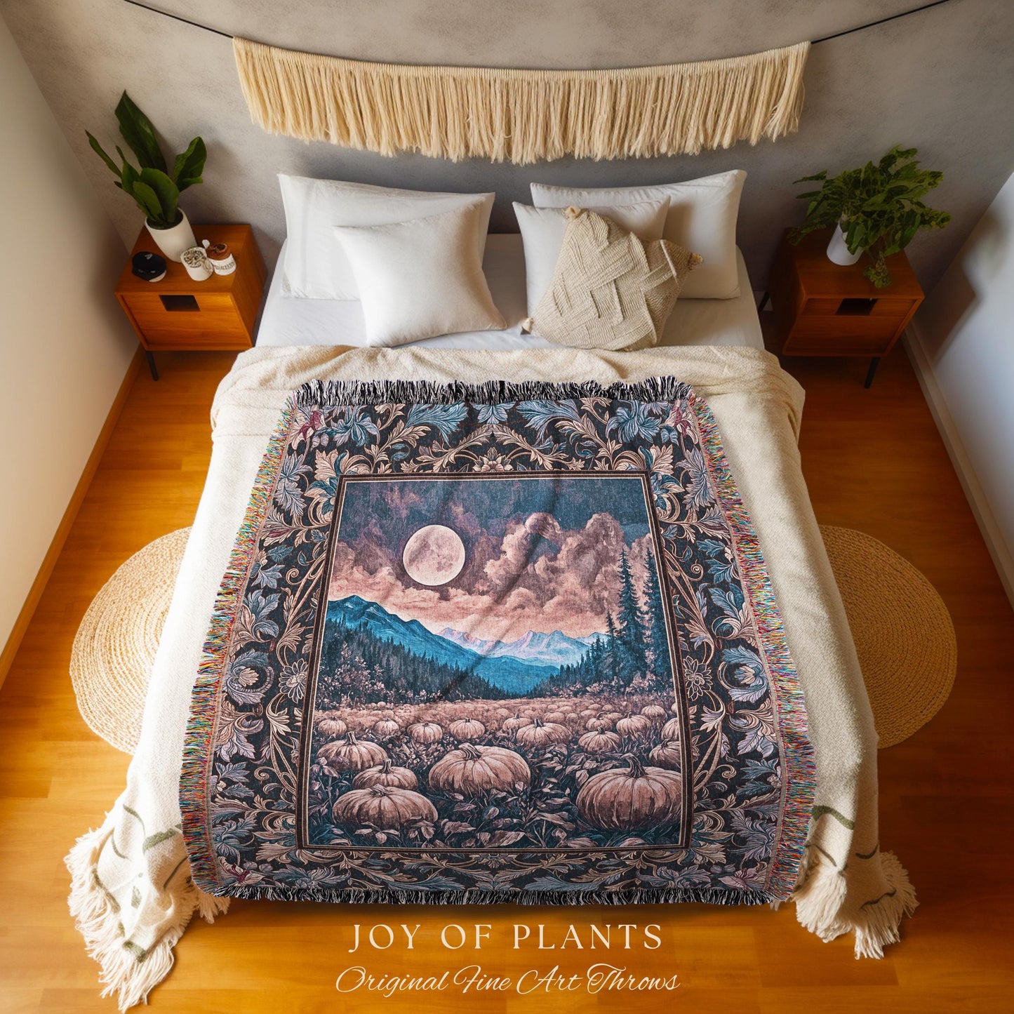 Pastel Dusk Moon Woven Tapestry | Autumn Aesthetic Gothiccore Throw Blanket Whimsigoth Pumpkin Patch Decor Fall Accent Rustic Halloween |