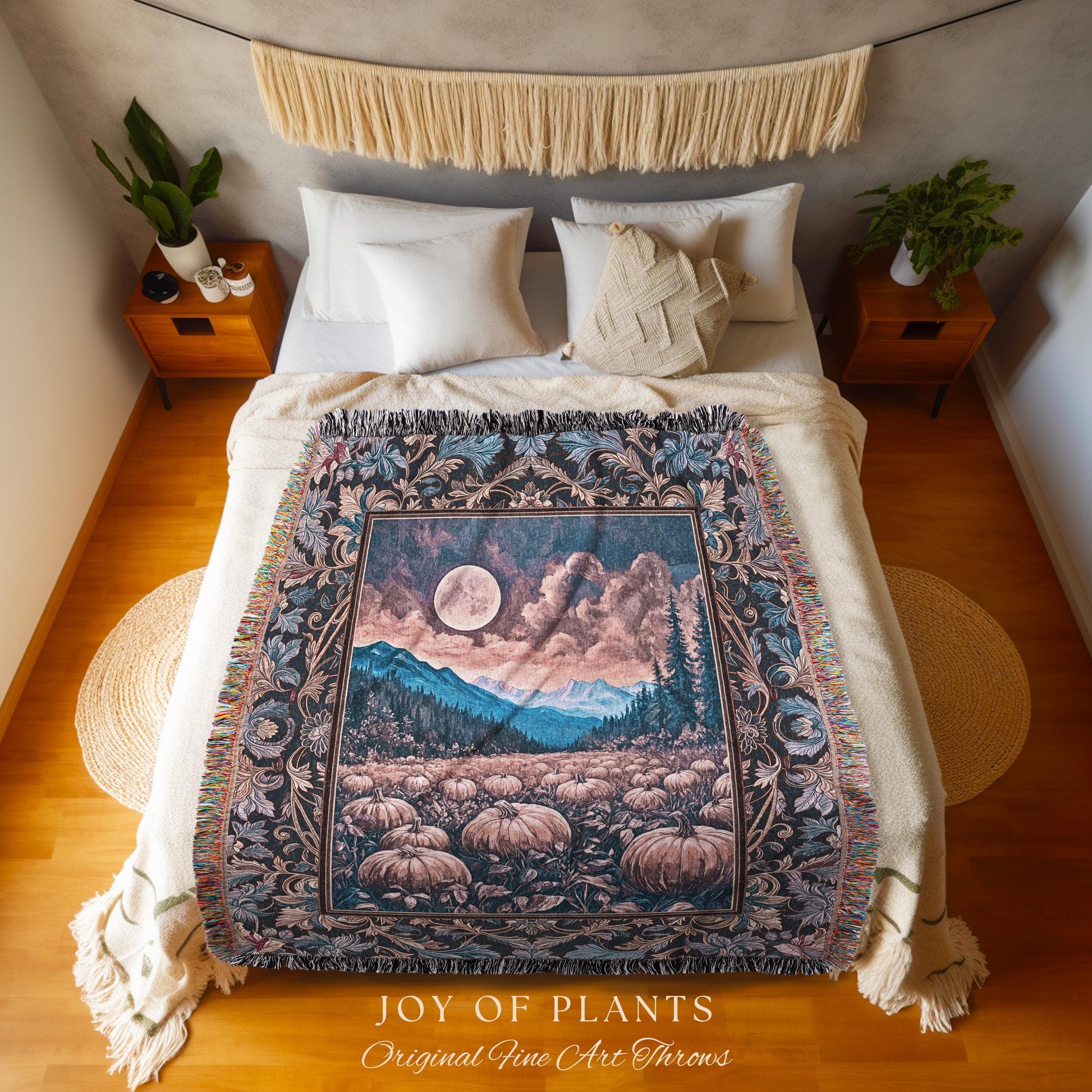 Pastel Dusk Moon Woven Tapestry | Autumn Aesthetic Gothiccore Throw Blanket Whimsigoth Pumpkin Patch Decor Fall Accent Rustic Halloween |