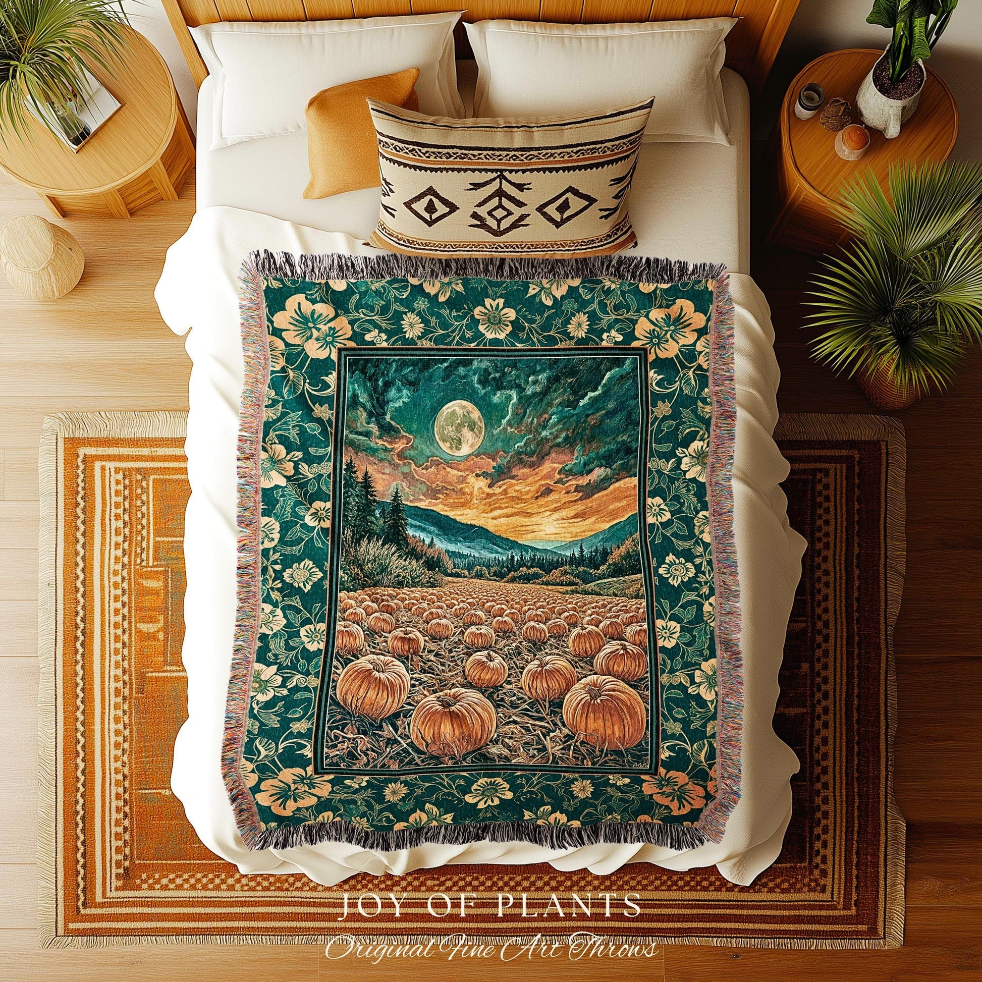 Colorful Ethereal Pumpkin Cozy Fall Blanket | Spooky Season Gothiccore Whimsigoth Decor Autumn Aesthetic Rustic Academia Tapestry Full Moon