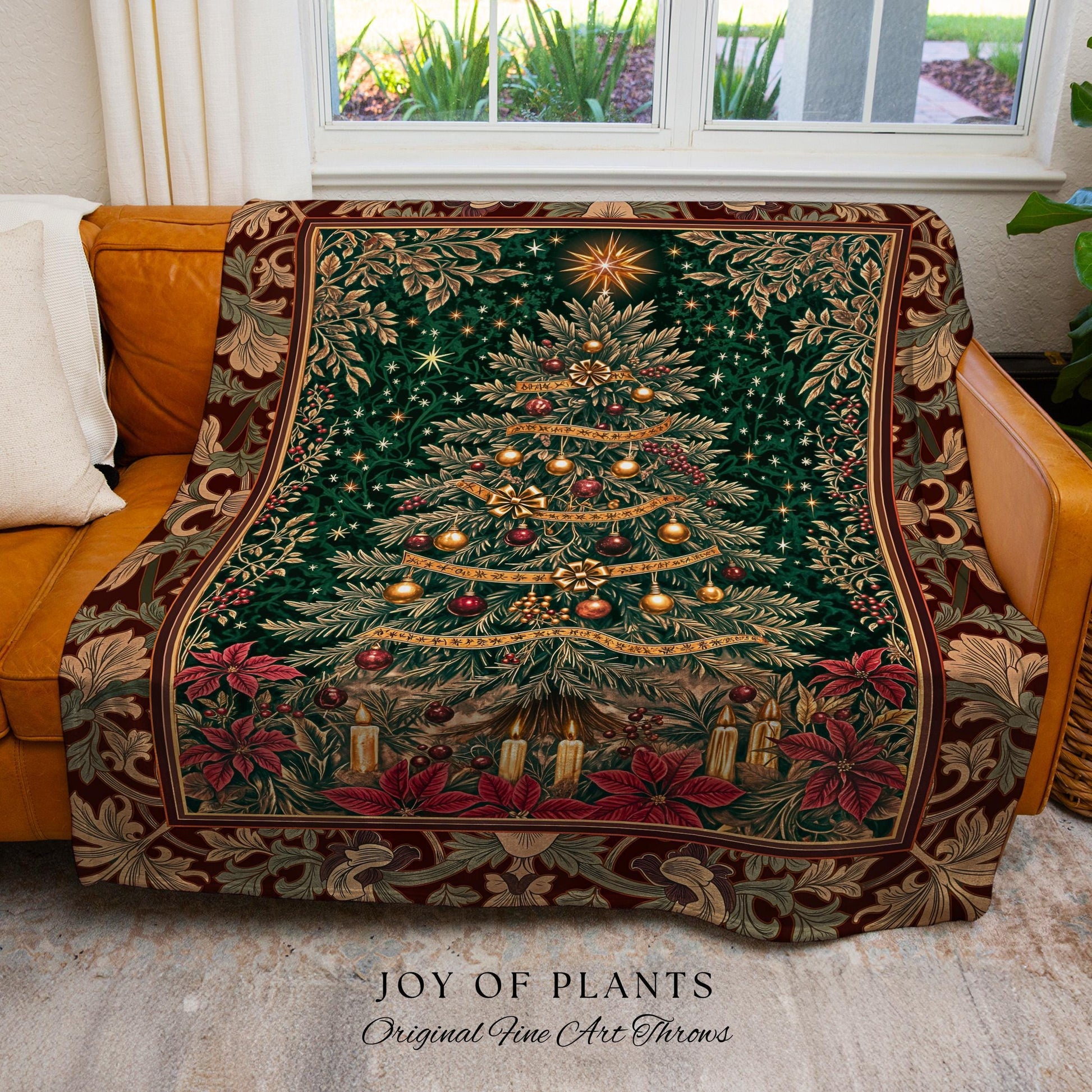 Regal Christmas Tree Poinsettia Blanket | Vintage Xmas Woven Wall Tapestry Cozy Winter Decor Festive Cottagecore Throw Rustic Holiday Home