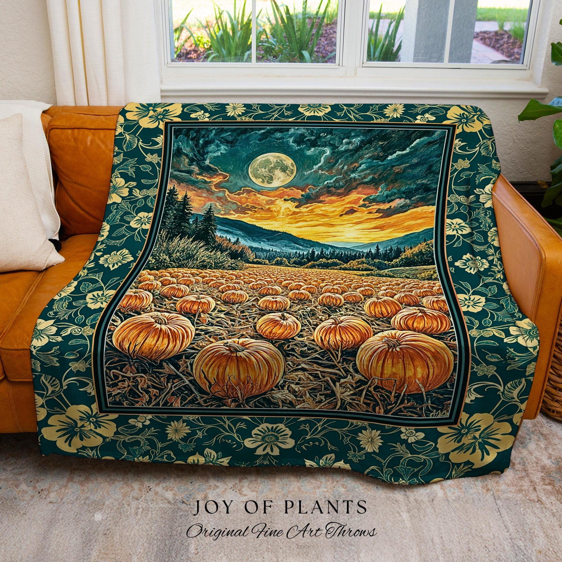 Colorful Ethereal Pumpkin Cozy Fall Blanket | Spooky Season Gothiccore Whimsigoth Decor Autumn Aesthetic Rustic Academia Tapestry Full Moon