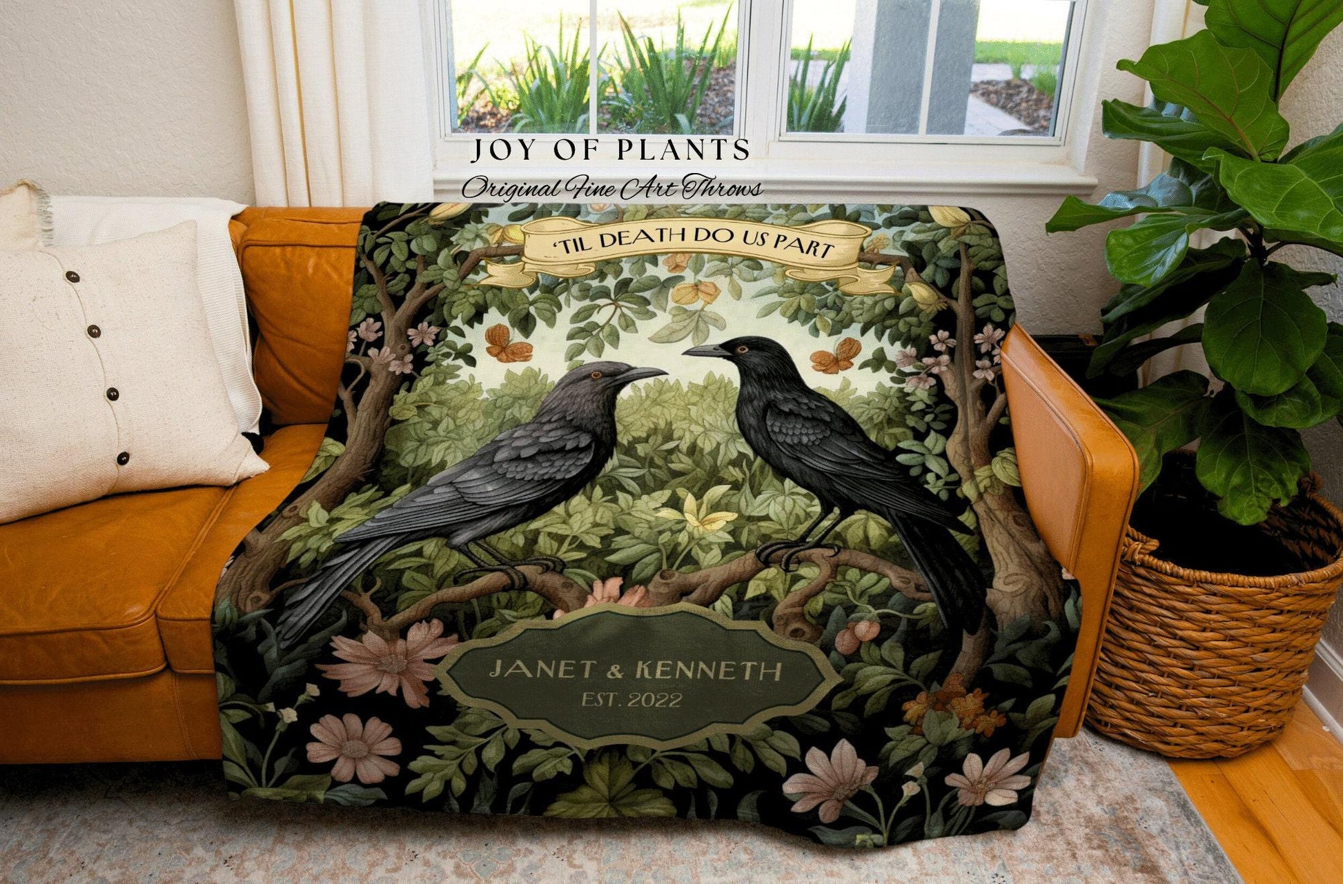 Crowcore Gothic Anniversary Blanket | Dark Academia Aesthetic Woven Throw Personalized Dating Anniversary Raven Gift for Goths Custom Name |