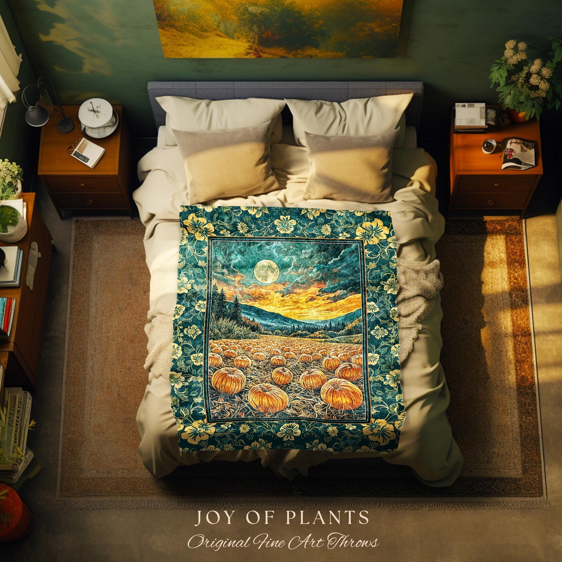 Colorful Ethereal Pumpkin Cozy Fall Blanket | Spooky Season Gothiccore Whimsigoth Decor Autumn Aesthetic Rustic Academia Tapestry Full Moon