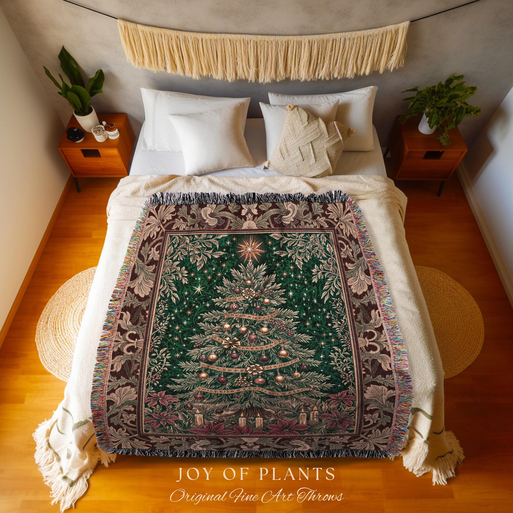 Regal Christmas Tree Poinsettia Blanket | Vintage Xmas Woven Wall Tapestry Cozy Winter Decor Festive Cottagecore Throw Rustic Holiday Home