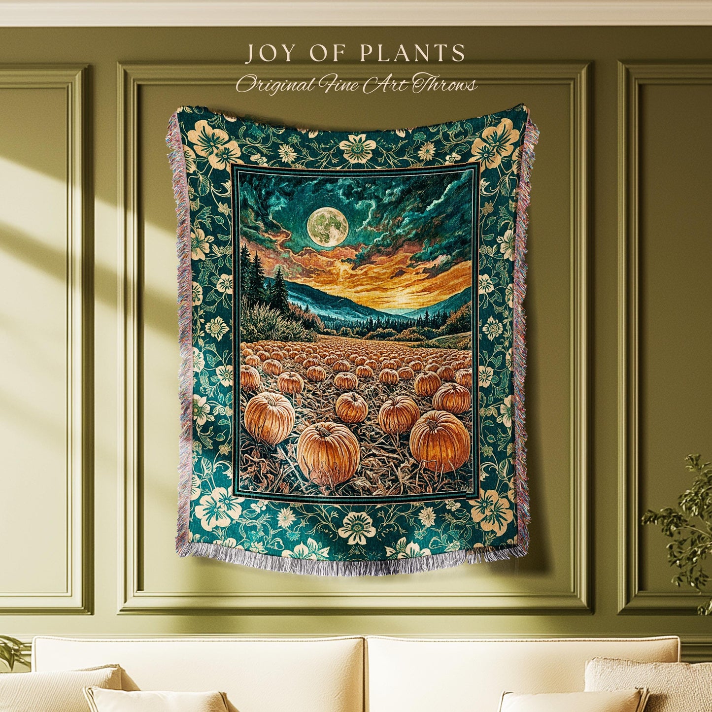 Colorful Ethereal Pumpkin Cozy Fall Blanket | Spooky Season Gothiccore Whimsigoth Decor Autumn Aesthetic Rustic Academia Tapestry Full Moon