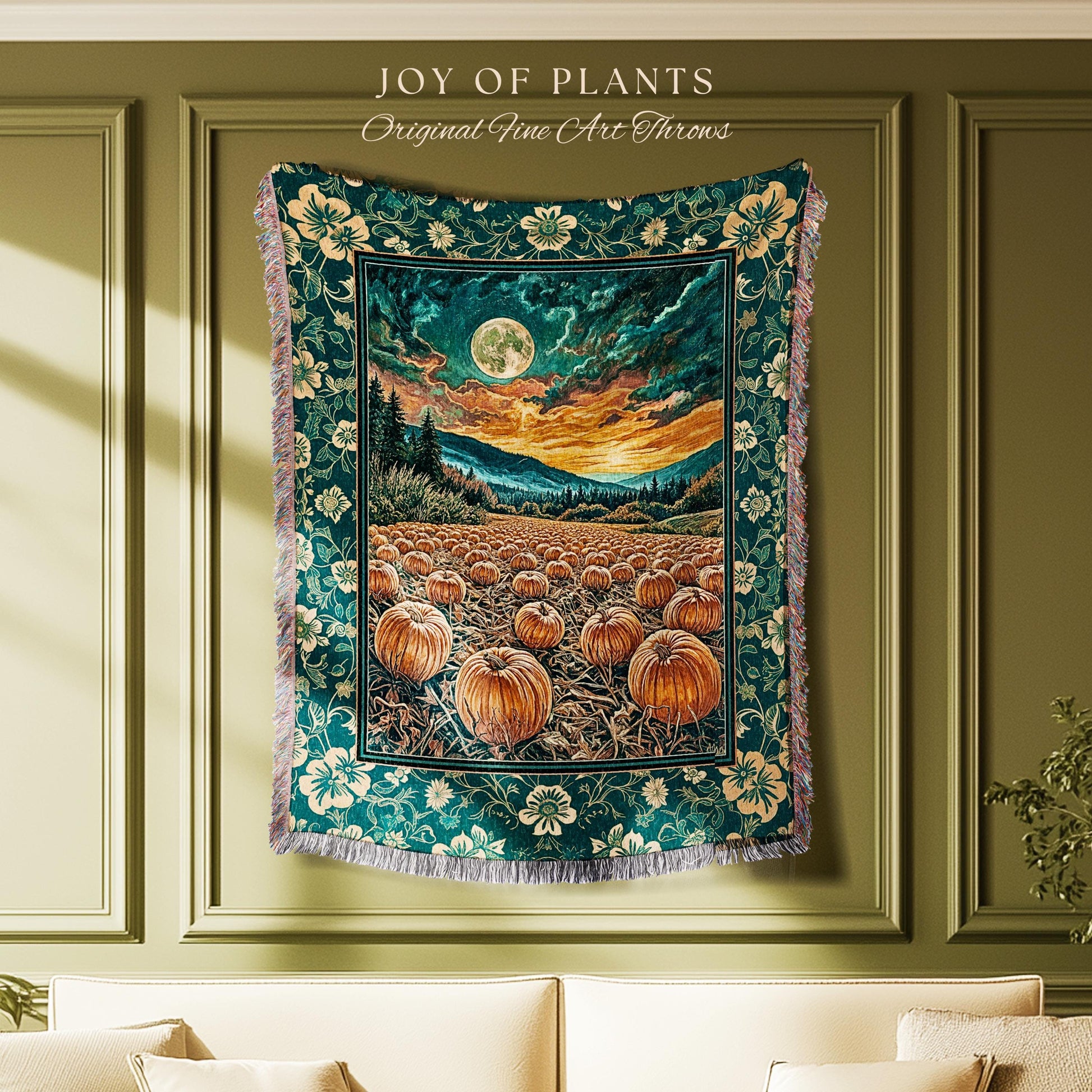 Colorful Ethereal Pumpkin Cozy Fall Blanket | Spooky Season Gothiccore Whimsigoth Decor Autumn Aesthetic Rustic Academia Tapestry Full Moon