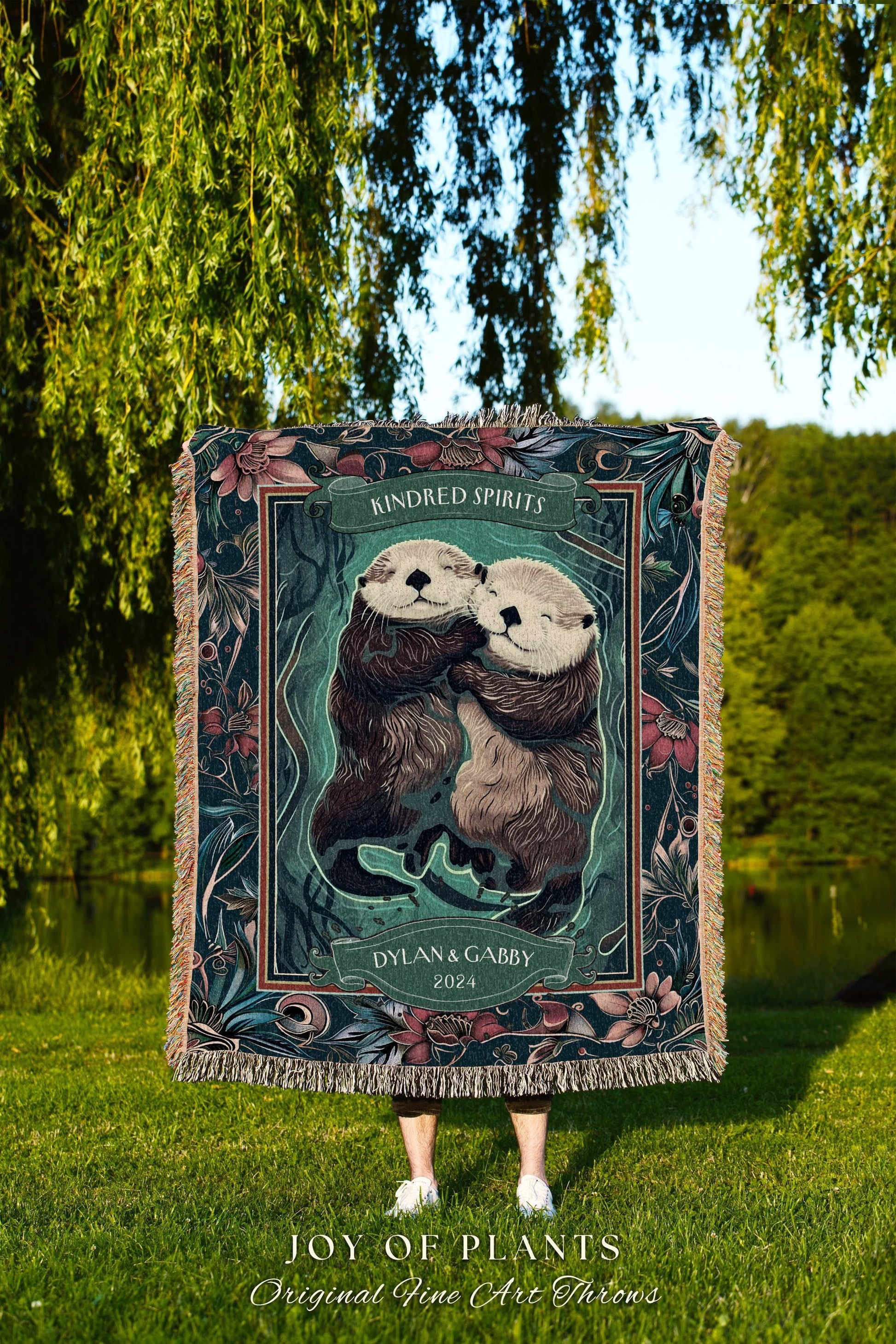 Otterly in Love Cute Couple Custom Gift | Boho Whimsical Wedding Anniversary Throw Blanket Personalized Saying Interlocking Otters Tapestry