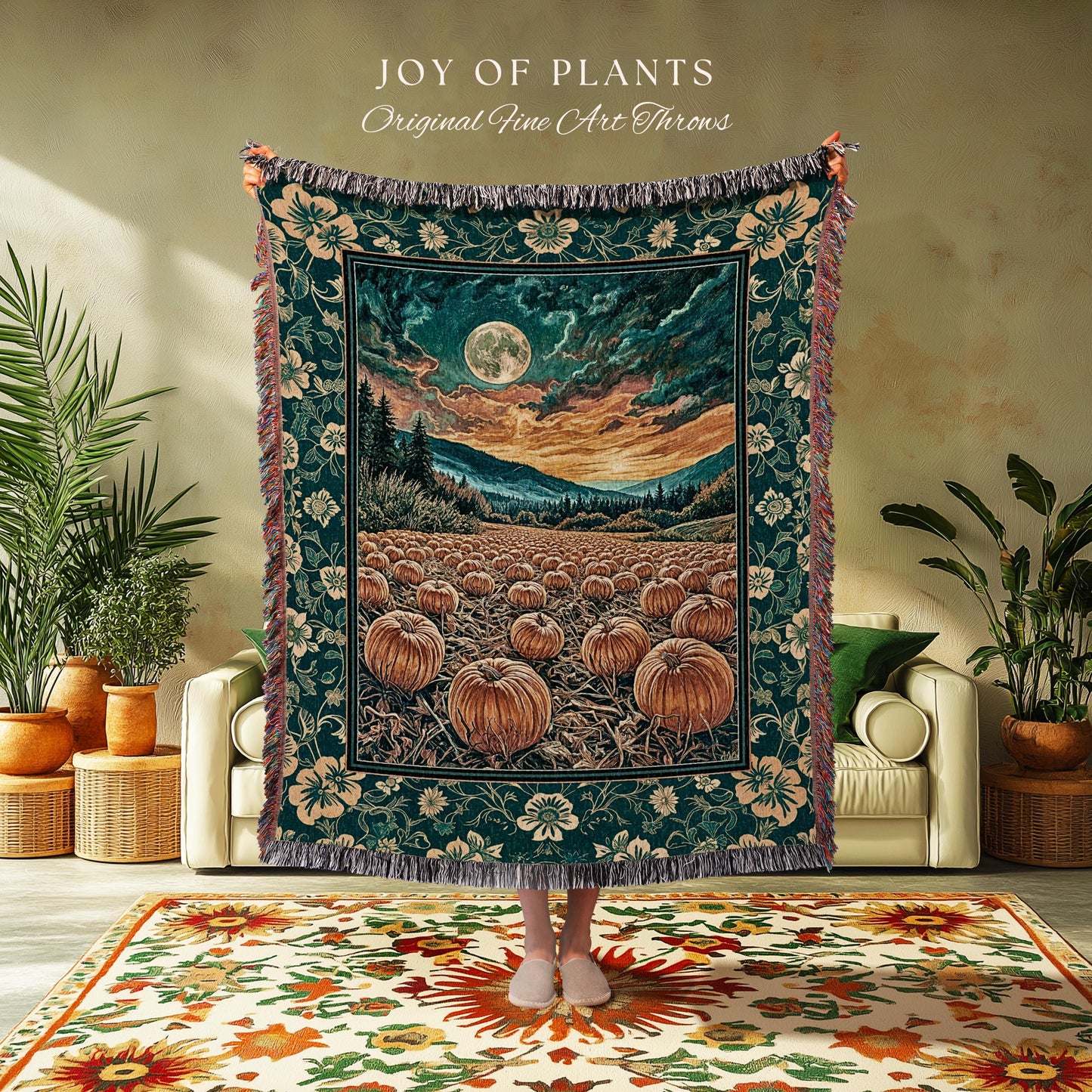 Colorful Ethereal Pumpkin Cozy Fall Blanket | Spooky Season Gothiccore Whimsigoth Decor Autumn Aesthetic Rustic Academia Tapestry Full Moon