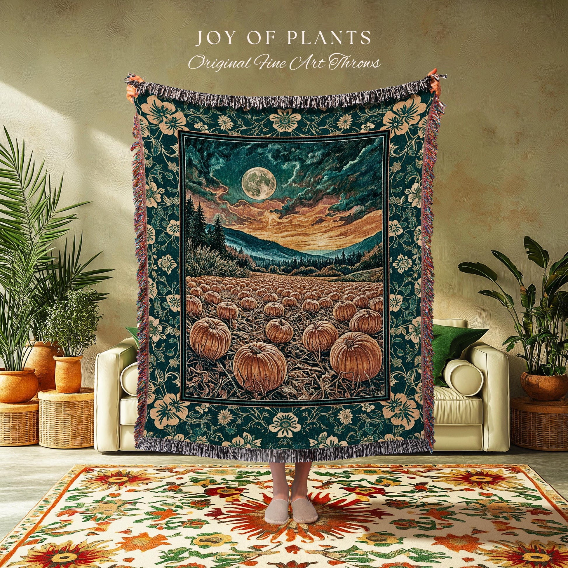 Colorful Ethereal Pumpkin Cozy Fall Blanket | Spooky Season Gothiccore Whimsigoth Decor Autumn Aesthetic Rustic Academia Tapestry Full Moon