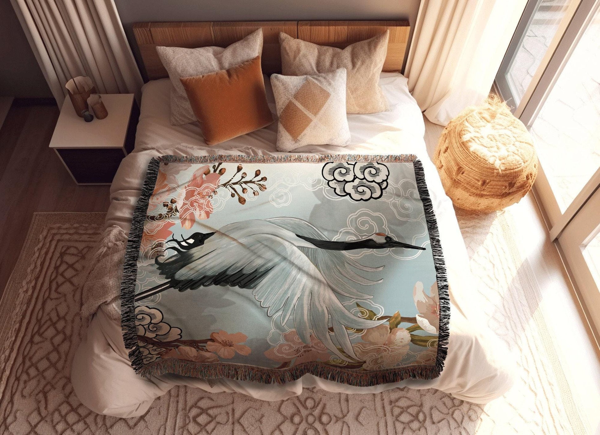 Japanese Crane Blanket Woven Throw | Vintage Japanese Art Tapestry | Japanese Crane Art Blanket | Art Print Woven Blanket Japanese Decor |
