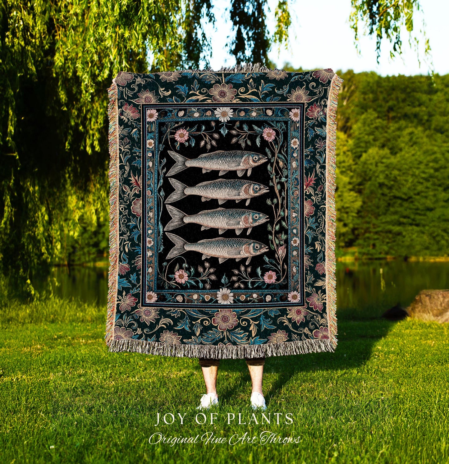 Eclectic Botanical Sardine Blanket Cozy | Nautical Lake House Throw Indie Coastal Aesthetic Woven Wall Tapestry Oceancore Vintage Sea Life