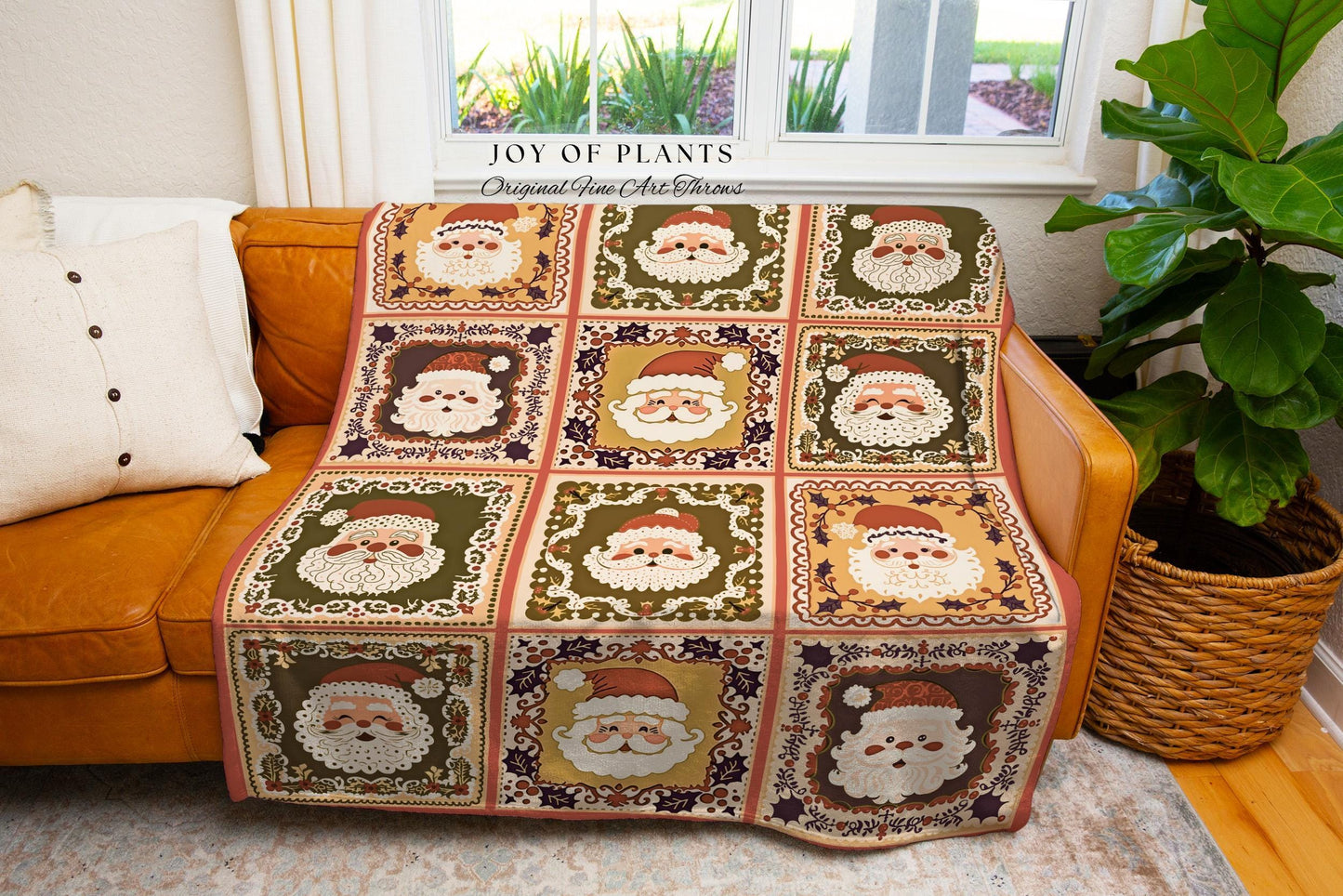 Cute Santa Claus Checkered Hygge Blanket Rustic Country Cottagecore Christmas Folk Art Holiday Tapestry Throw Cozy Earthy Nostalgic Decor