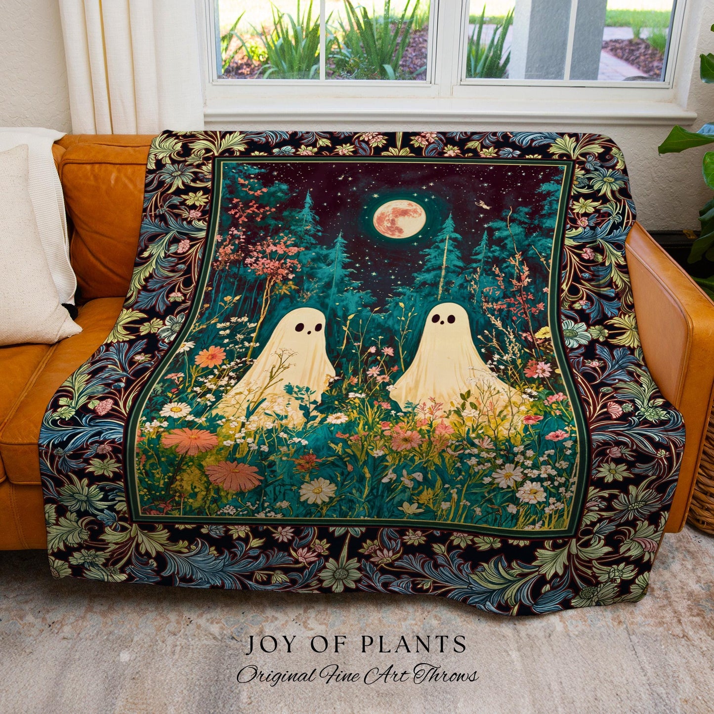 Eclectic Moonlit Wildflower Spirit Blanket | Starry Sky Woven Tapestry Ghost Halloween Decor Autumn Whimsical Floral Gothic Garden Throw |