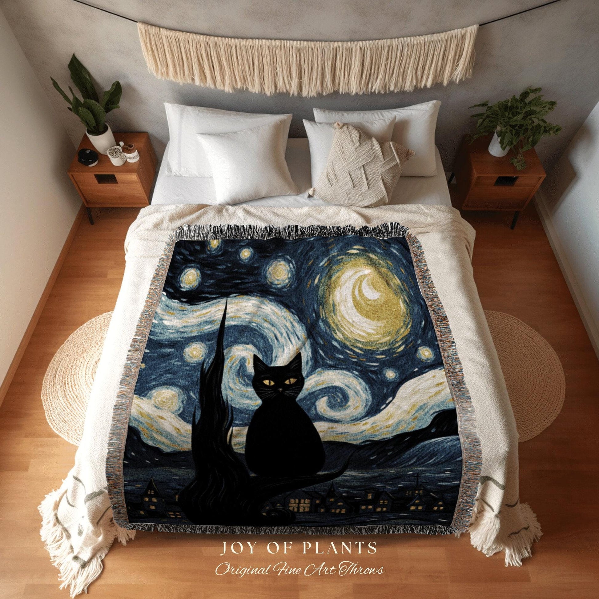 Starry Night Tapestry Art Famous Painting Decor Tapestry Black Cat Woven Blanket | At History Gift Cat Vincent Van Gogh Inspired Tapestry
