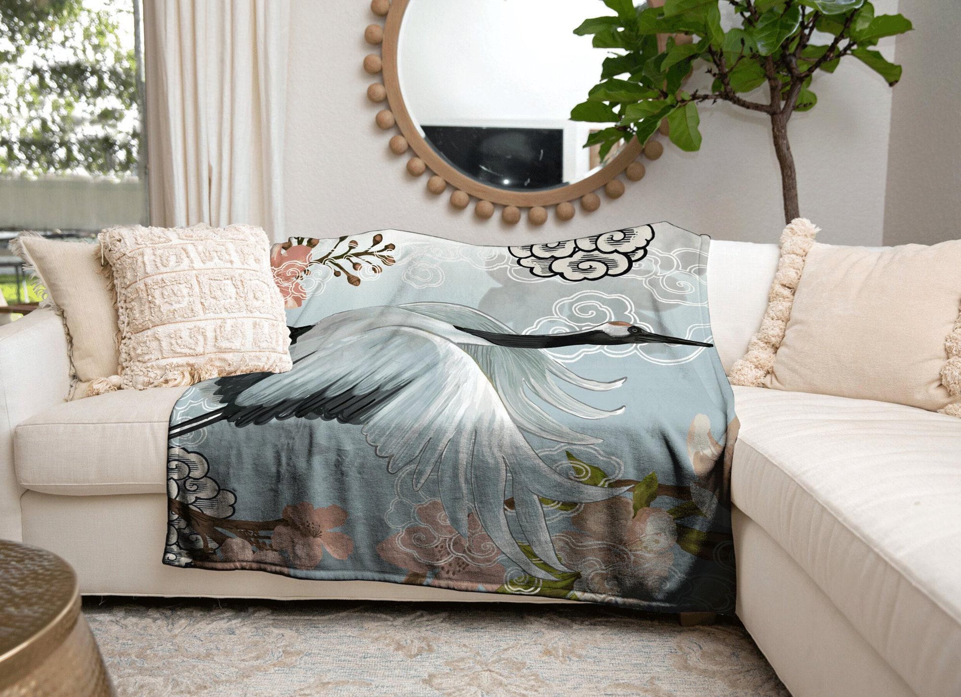 Japanese Crane Blanket Woven Throw | Vintage Japanese Art Tapestry | Japanese Crane Art Blanket | Art Print Woven Blanket Japanese Decor |