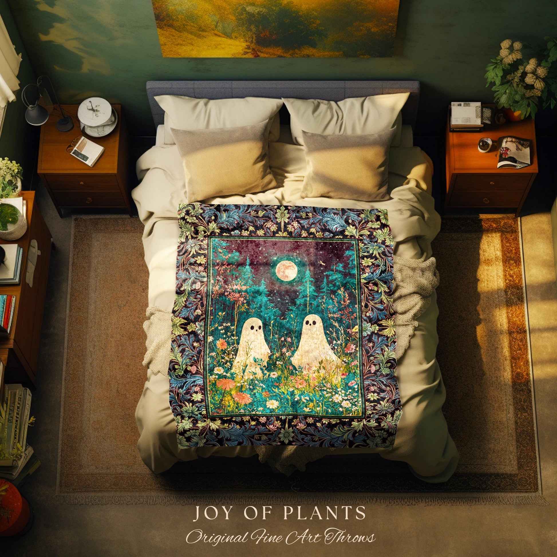 Eclectic Moonlit Wildflower Spirit Blanket | Starry Sky Woven Tapestry Ghost Halloween Decor Autumn Whimsical Floral Gothic Garden Throw |