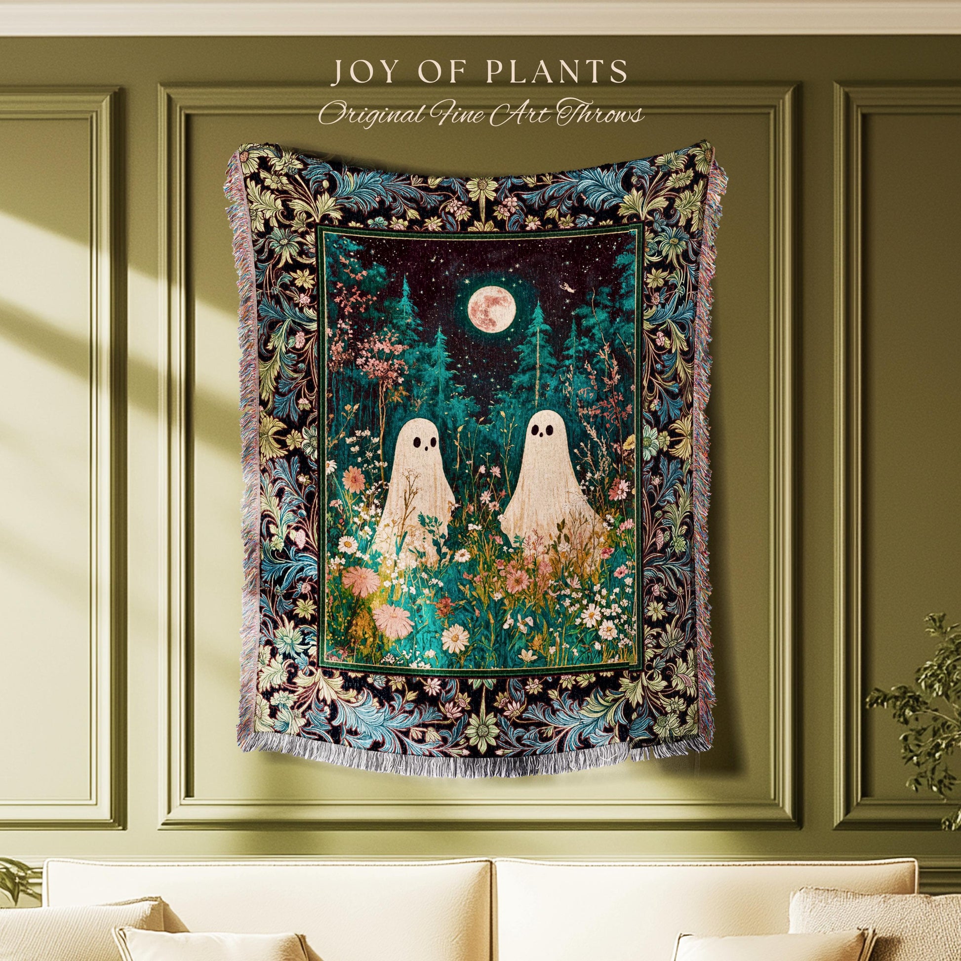 Eclectic Moonlit Wildflower Spirit Blanket | Starry Sky Woven Tapestry Ghost Halloween Decor Autumn Whimsical Floral Gothic Garden Throw |