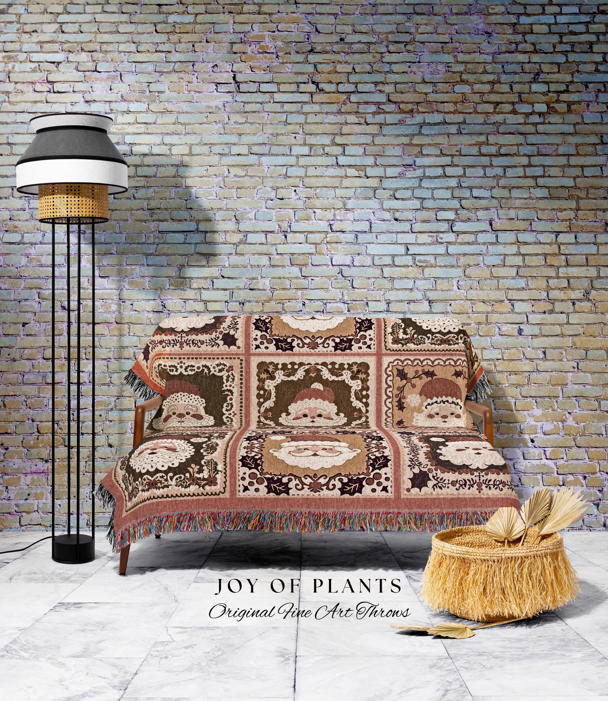 Cute Santa Claus Checkered Hygge Blanket Rustic Country Cottagecore Christmas Folk Art Holiday Tapestry Throw Cozy Earthy Nostalgic Decor