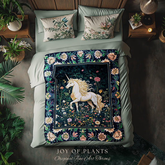 Storybook Elegance Magical Throw Blanket | Unicorn Coverlet Dark Fairytale Gothic Maximalist Colorful Whimsical Victorian Fairycore Tapestry