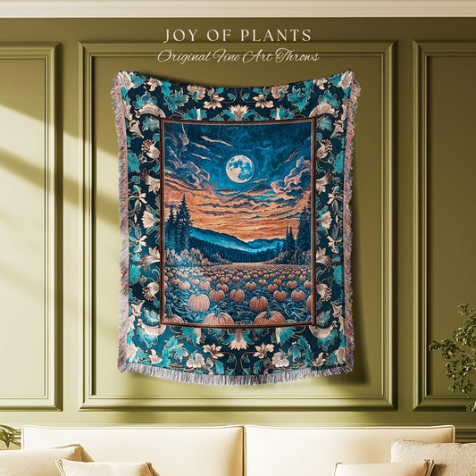 Rustic Autumn Pumpkin Patch Tapestry | Cute Spooky Boho Halloween Decor Whimsigoth Fall Aesthetic Throw Blanket Dark Academia Moody Occult |