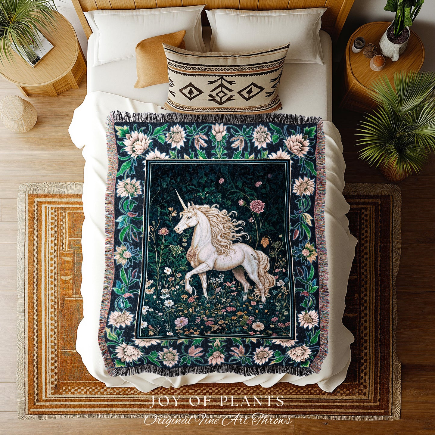 Storybook Elegance Magical Throw Blanket | Unicorn Coverlet Dark Fairytale Gothic Maximalist Colorful Whimsical Victorian Fairycore Tapestry