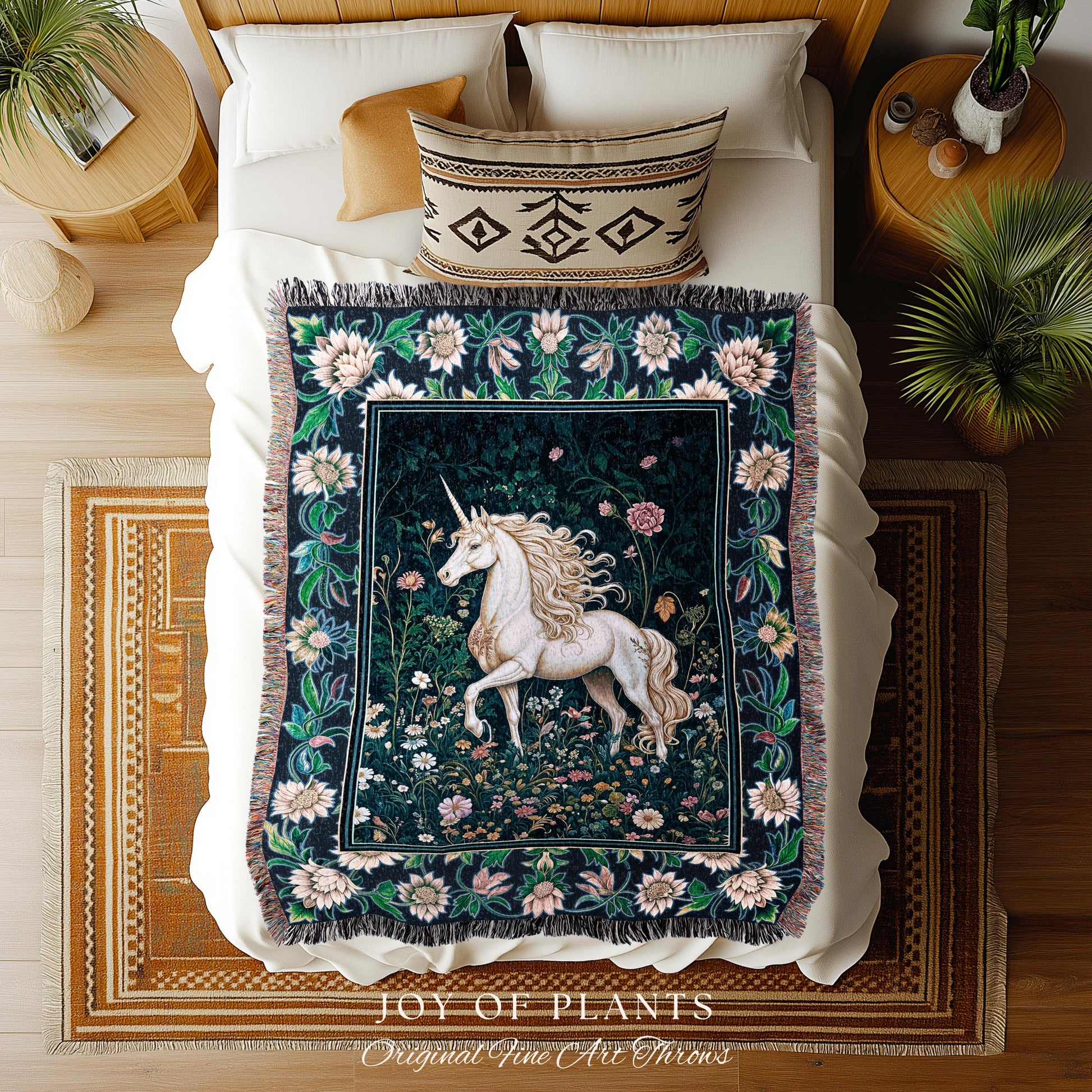 Storybook Elegance Magical Throw Blanket | Unicorn Coverlet Dark Fairytale Gothic Maximalist Colorful Whimsical Victorian Fairycore Tapestry