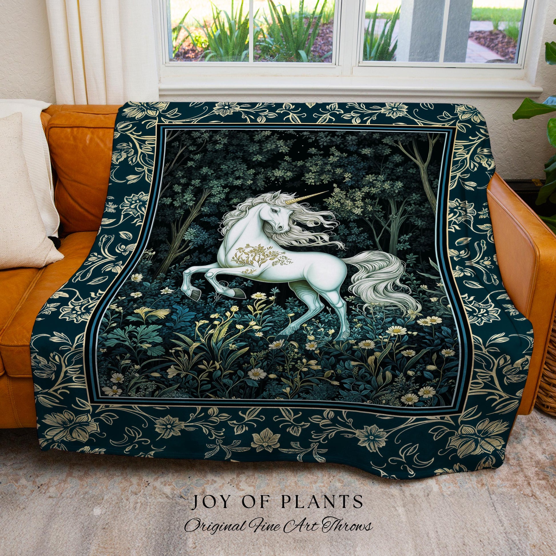 Enchanted Meadow Unicorn Coverlet | Victorian Fairycore Whimsical Ethereal Woven Throw Blanket Medieval Woodland Fairytale Rustic Tapestry |