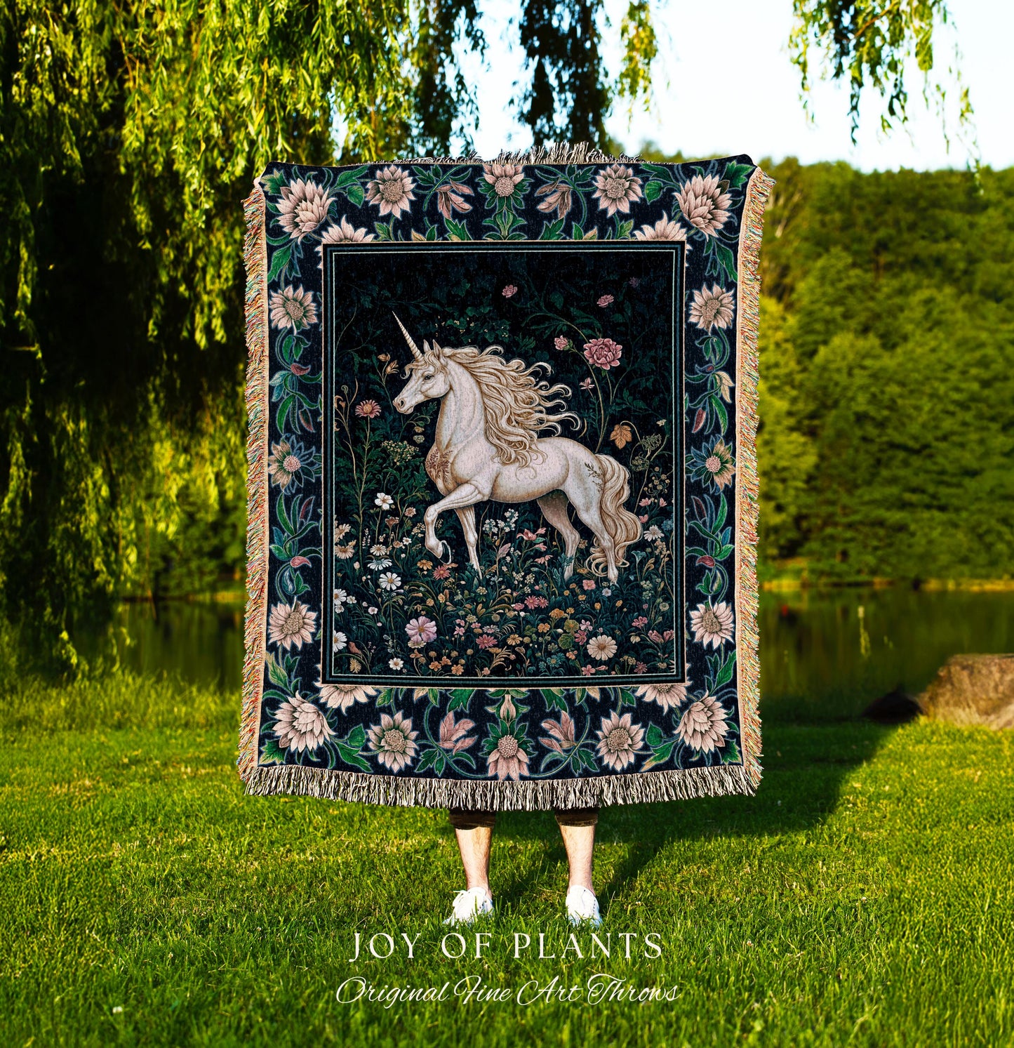 Storybook Elegance Magical Throw Blanket | Unicorn Coverlet Dark Fairytale Gothic Maximalist Colorful Whimsical Victorian Fairycore Tapestry