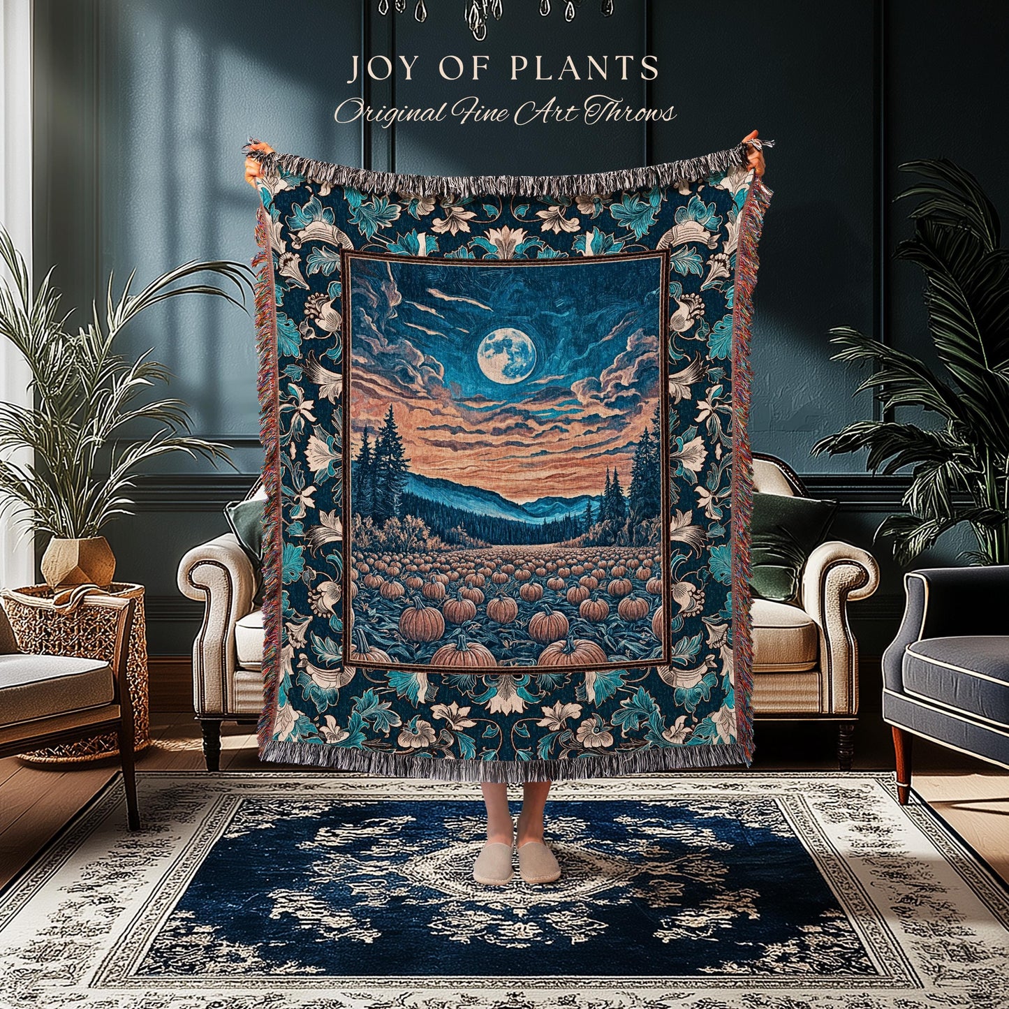 Rustic Autumn Pumpkin Patch Tapestry | Cute Spooky Boho Halloween Decor Whimsigoth Fall Aesthetic Throw Blanket Dark Academia Moody Occult |