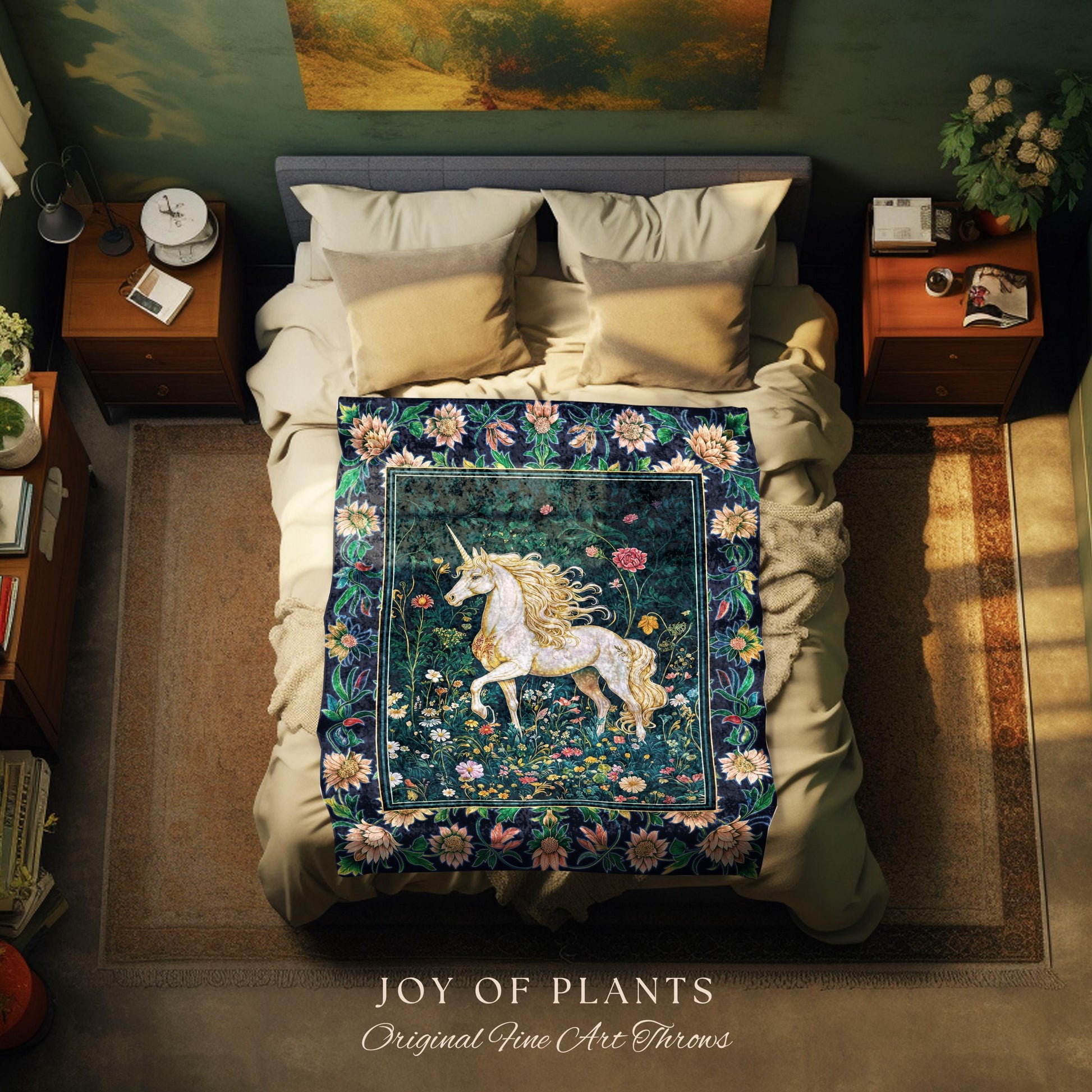 Storybook Elegance Magical Throw Blanket | Unicorn Coverlet Dark Fairytale Gothic Maximalist Colorful Whimsical Victorian Fairycore Tapestry