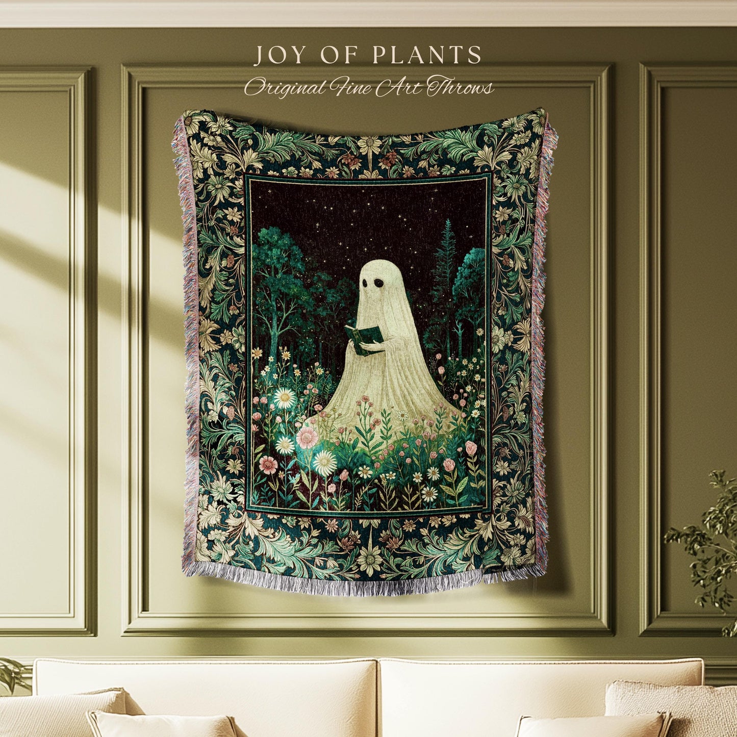 Haunted Book Ghost Wall Tapestry | Gothic Woven Spooky Cute Decor Halloween Aesthetic Cozy Reading Nook Forest Spirit Botanical Ethereal |