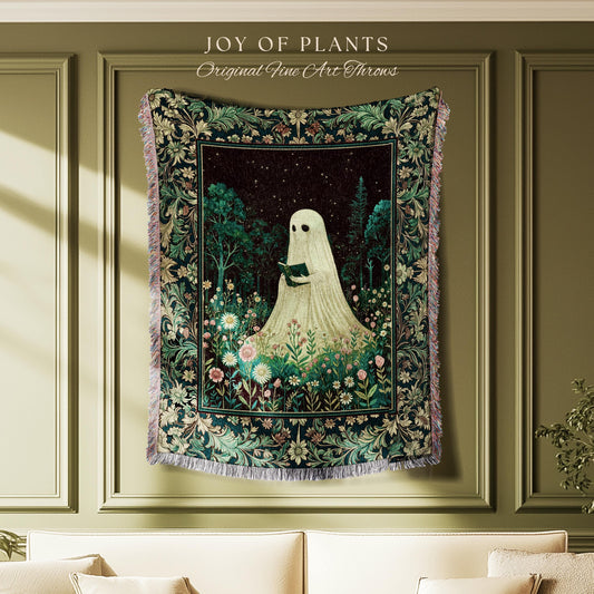 Haunted Book Ghost Wall Tapestry | Gothic Woven Spooky Cute Decor Halloween Aesthetic Cozy Reading Nook Forest Spirit Botanical Ethereal |