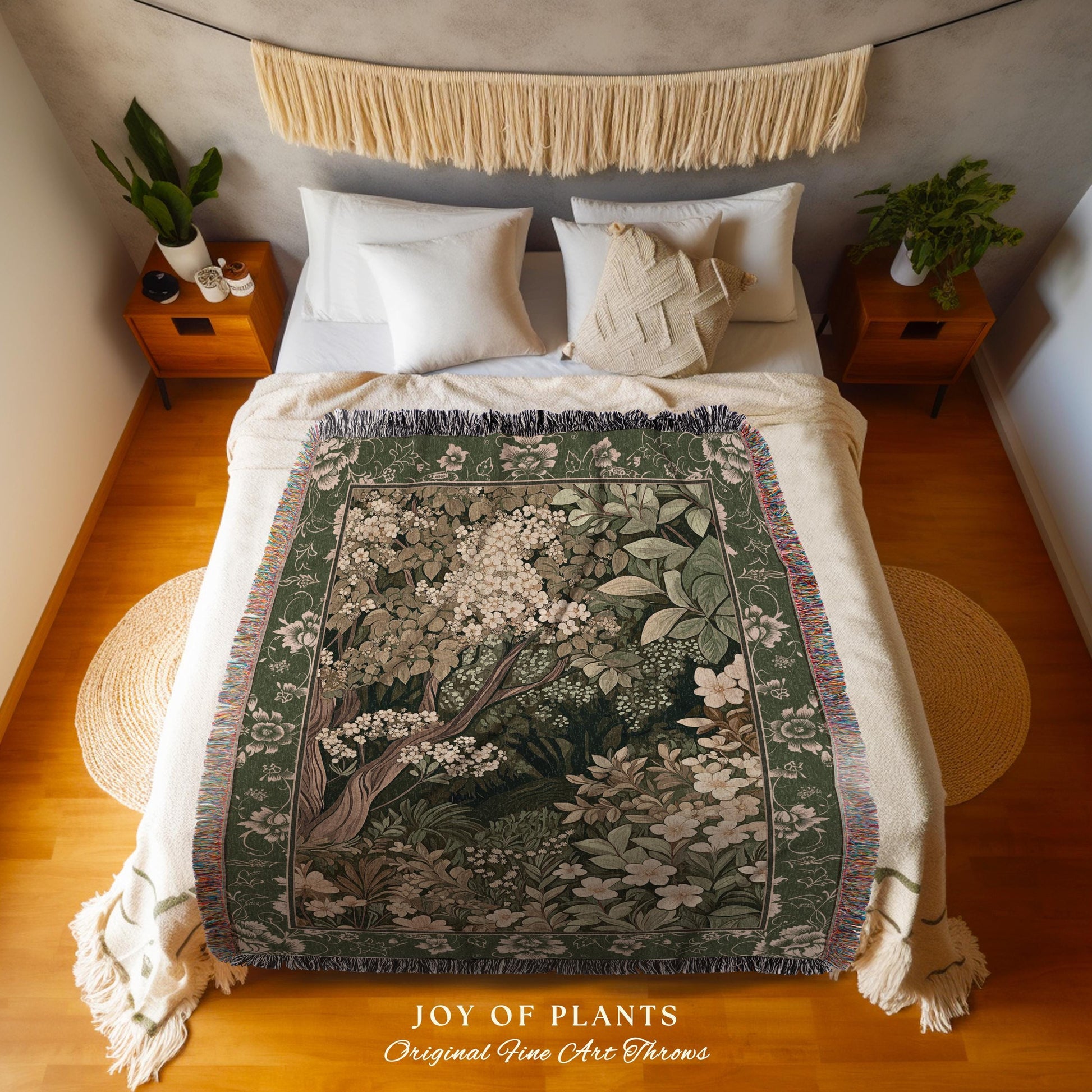 Soft Aesthetics Folklore Forest Tapestry Throw Fairy Inspired Bedroom | Cozy Cottagecore Ethereal Nature Aesthetic Sage Green Indie Blanket