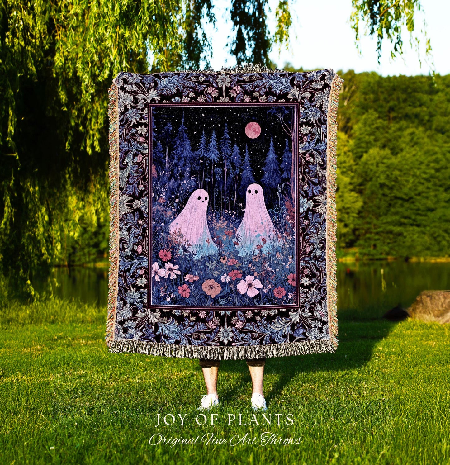 Violet Night Ethereal Ghost Throw Blanket | Moonlit Floral Halloween Throw Gothic Pastel Ghost Tapestry Whimsigoth Cottagecore Cozy Fall |