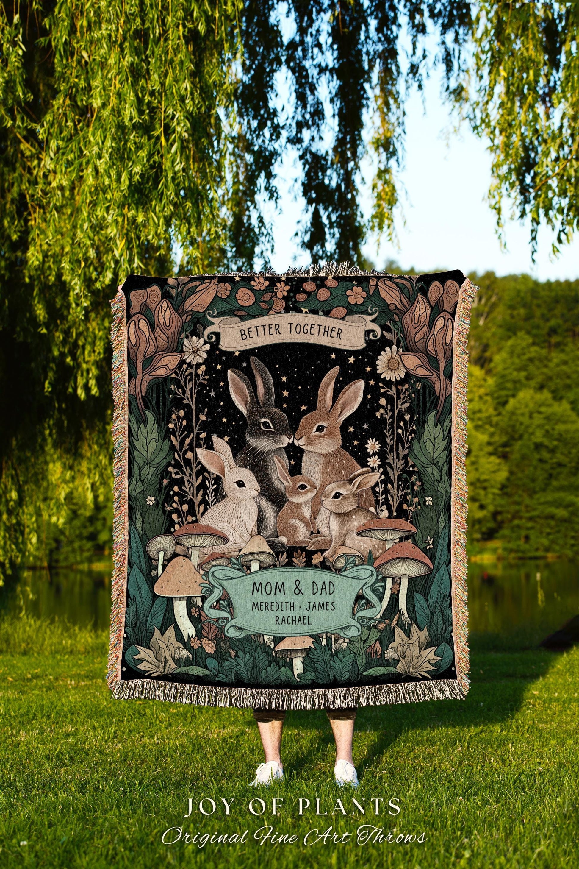 Rabbit Family Custom Kids Personalized Family Blanket | Woodland Cottagecore Throw Blanket Celestial Decor Meaningful Gift From Children |