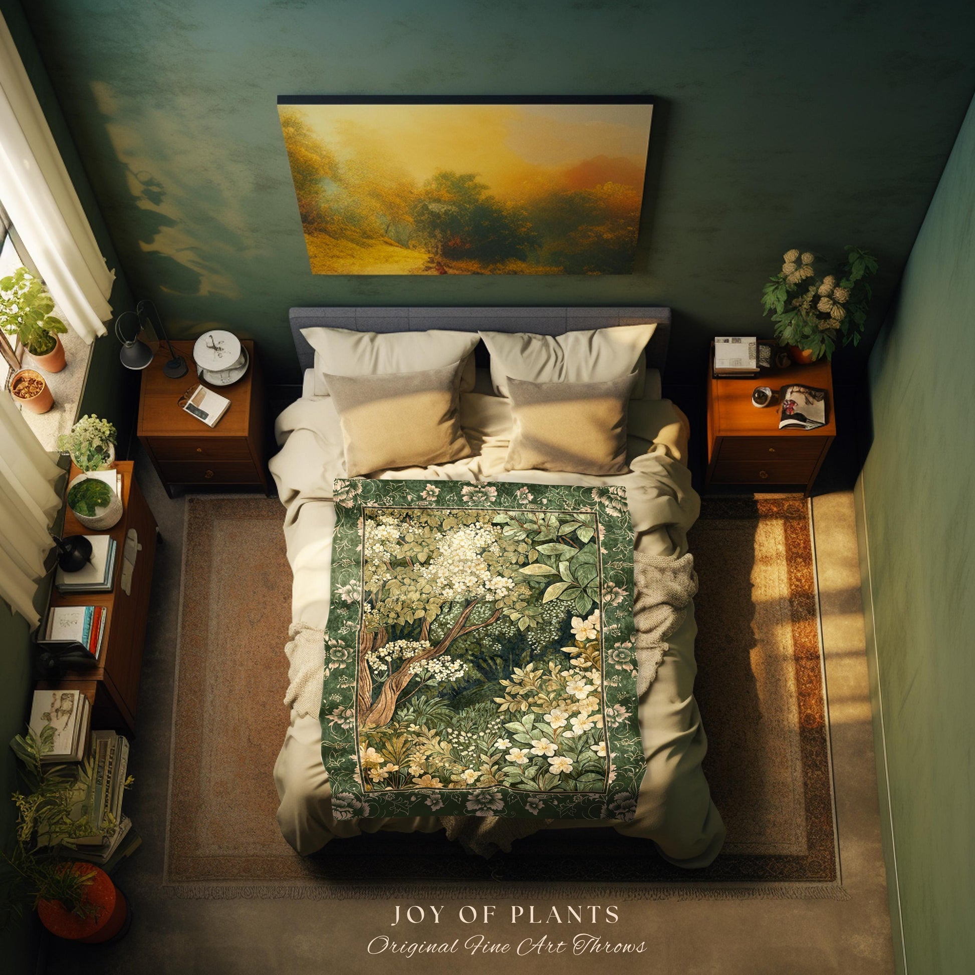 Soft Aesthetics Folklore Forest Tapestry Throw Fairy Inspired Bedroom | Cozy Cottagecore Ethereal Nature Aesthetic Sage Green Indie Blanket