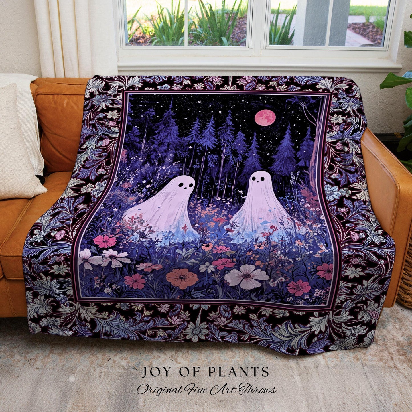 Violet Night Ethereal Ghost Throw Blanket | Moonlit Floral Halloween Throw Gothic Pastel Ghost Tapestry Whimsigoth Cottagecore Cozy Fall |